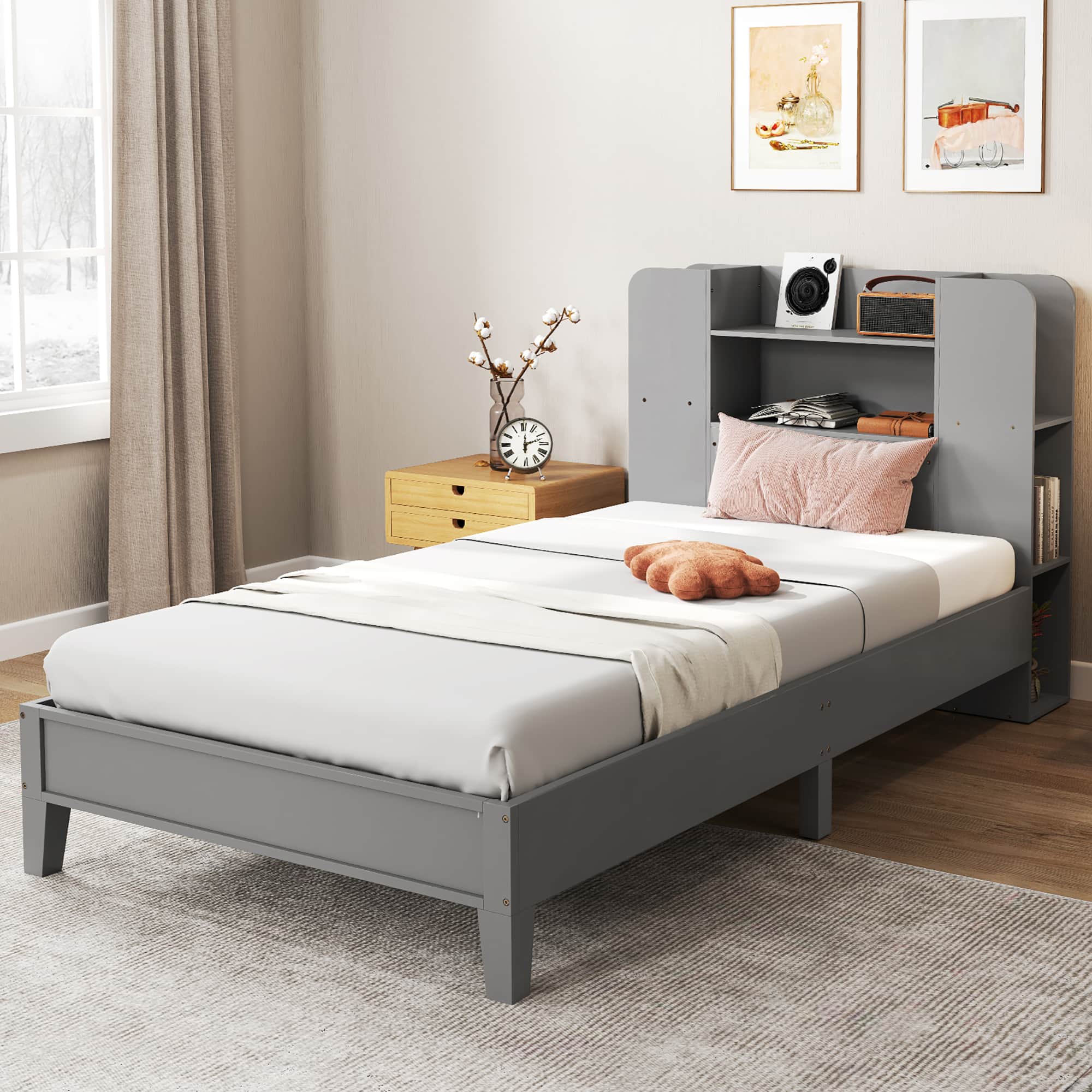 Front. Gymax - Gymax Twin Size Bed Frame Wooden Platform Bed Kids Bed Frame w/ Bookcase Headboard Gray - Gray.