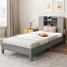 Gymax - Twin Size Bed Frame Wooden Platform Bed Kids Bed Frame w/ Bookcase Headboard - Gray