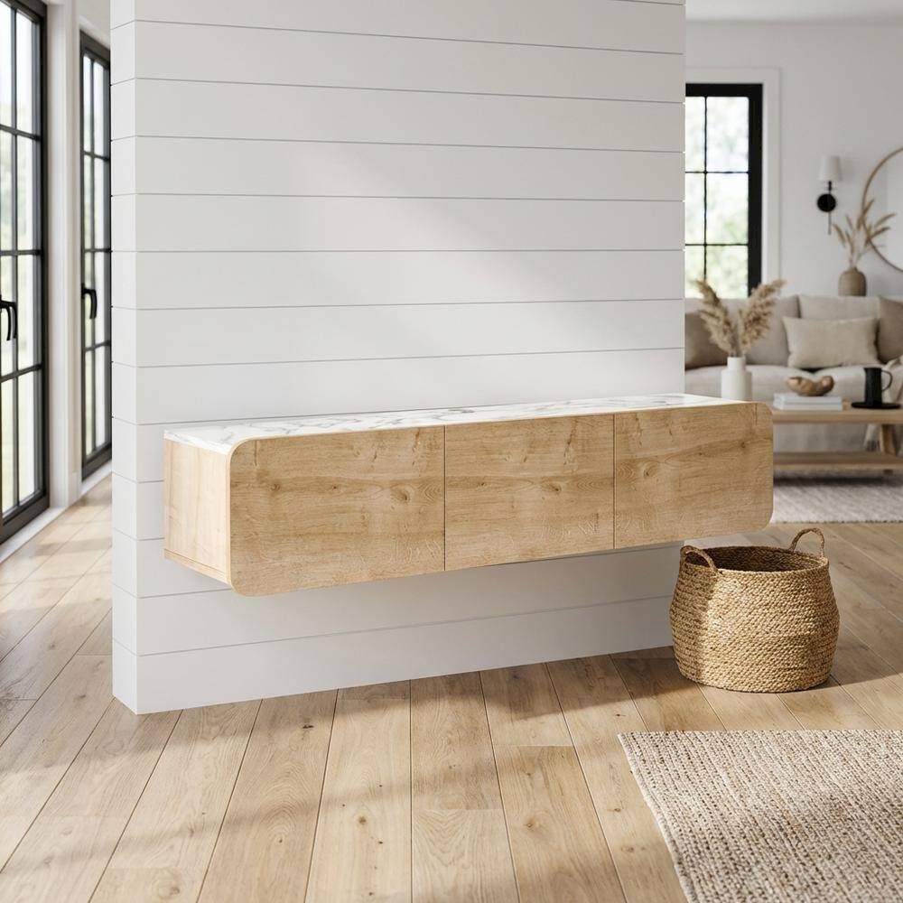 Alt View 1. FurniFact - Wall Mounted Oval TV Stand in Walnut with Wooden Finish and Modern Design - Beige.