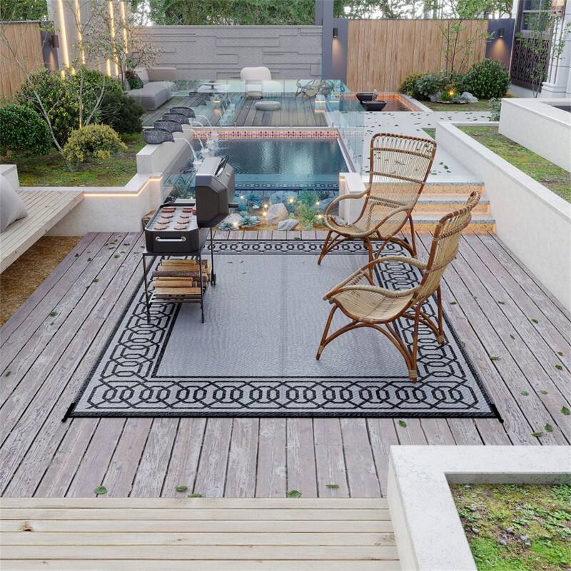 Alt View 2. HTUTWOO - Reversible Outdoor Rug -9' x 12' Waterproof Plastic Straw Floor Mat,Portable Camping Carpet,Large Patio Mat for Backyard - BLACK+GREY.