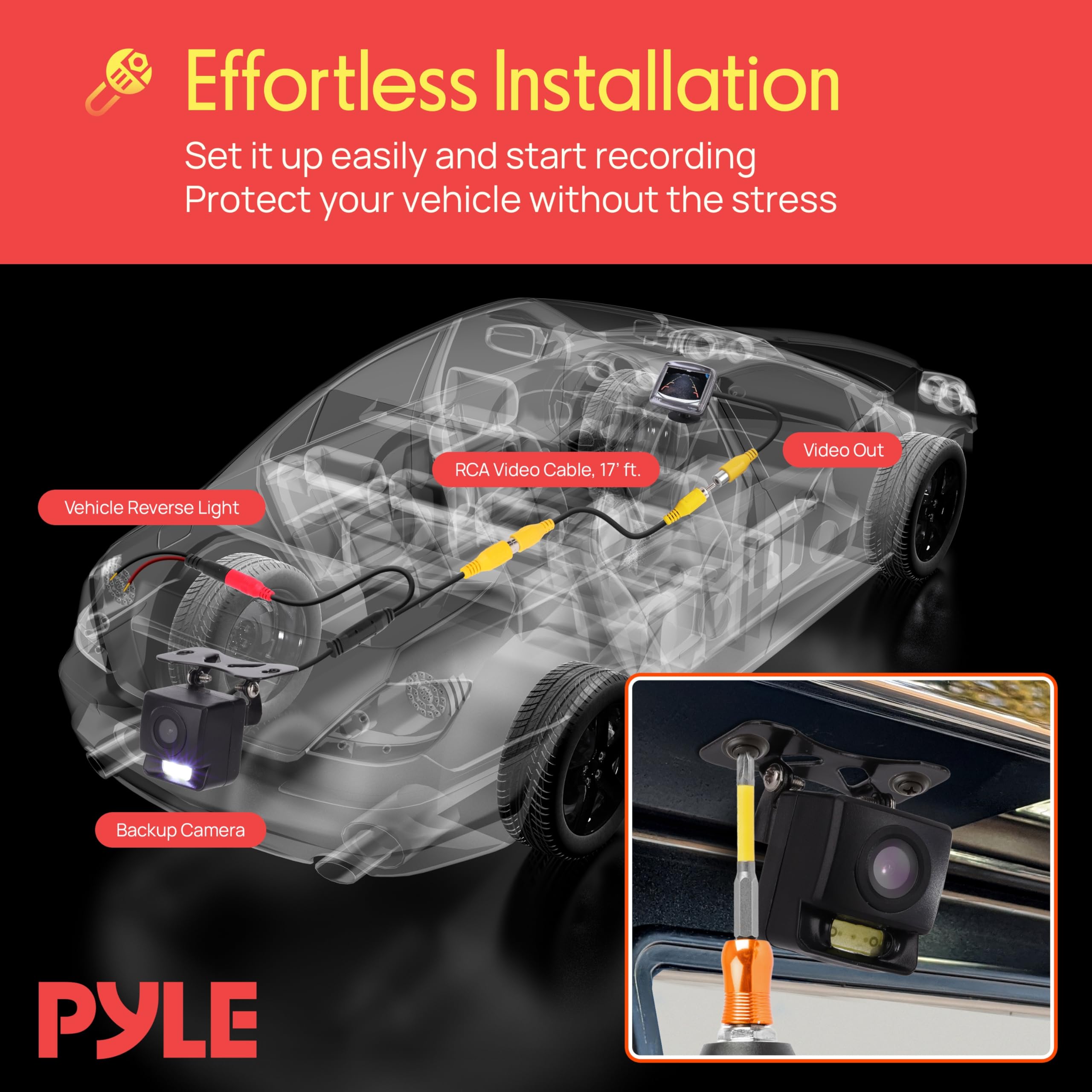 Effortless Installation  
Set it up easily and start recording  
Protect your vehicle without the stress  

- RCA Video Cable, 17 ft.  
- Video Out  
- Vehicle Reverse Light  
- Backup Camera  

PYLE