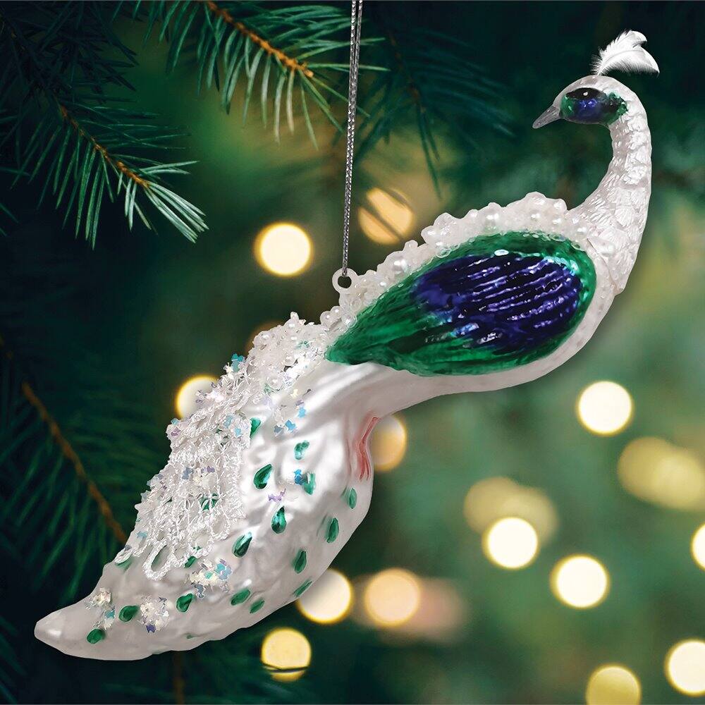 Left. OrnamentallyYou - Elegant Winter Peacock Glass Christmas Ornament - Multi-colored.