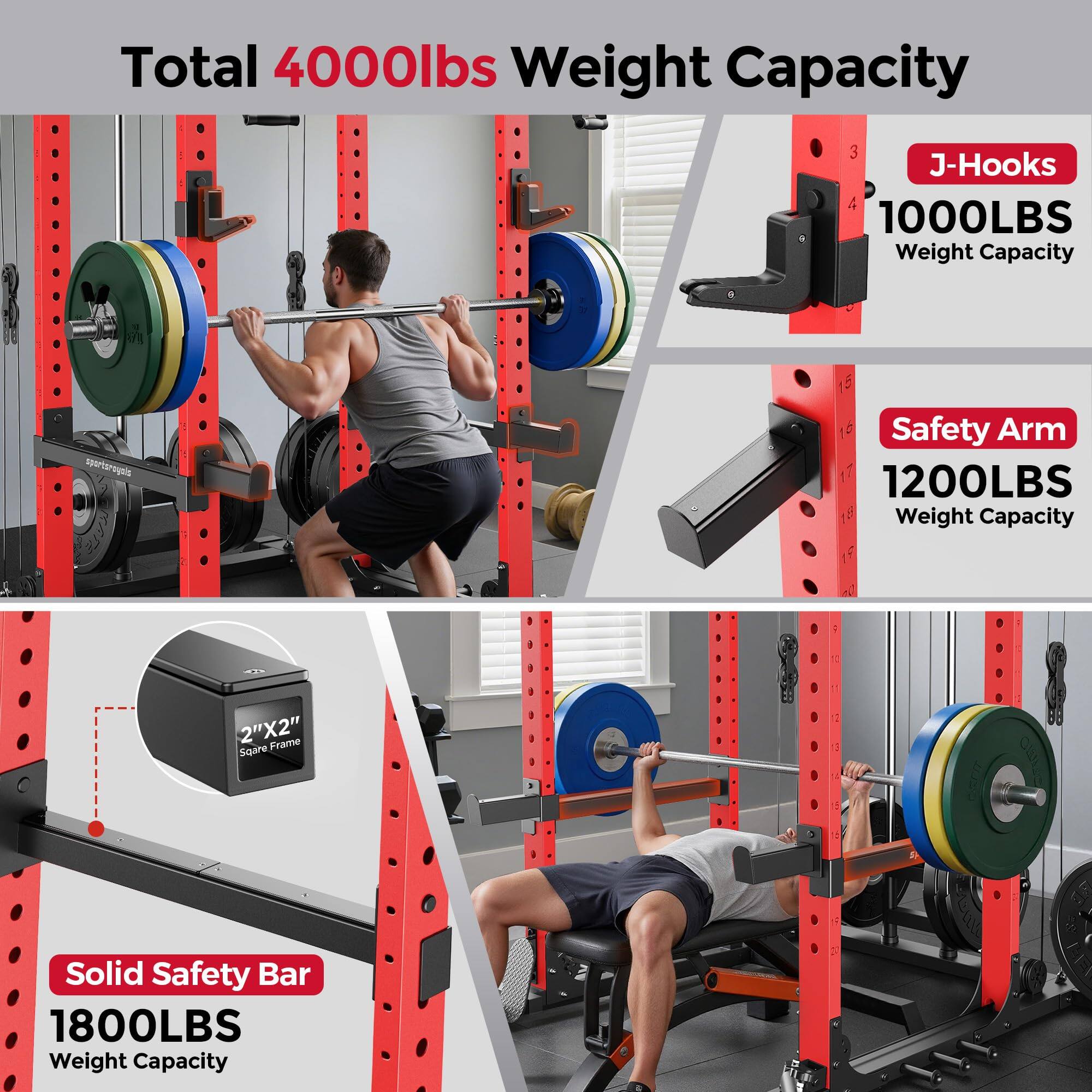 Total 4000lbs Weight Capacity  
3 J-Hooks 1000LBS Weight Capacity  
1 Safety Arm 1200LBS Weight Capacity  
1 Solid Safety Bar 1800LBS Weight Capacity  
2"X2" Square Frame
