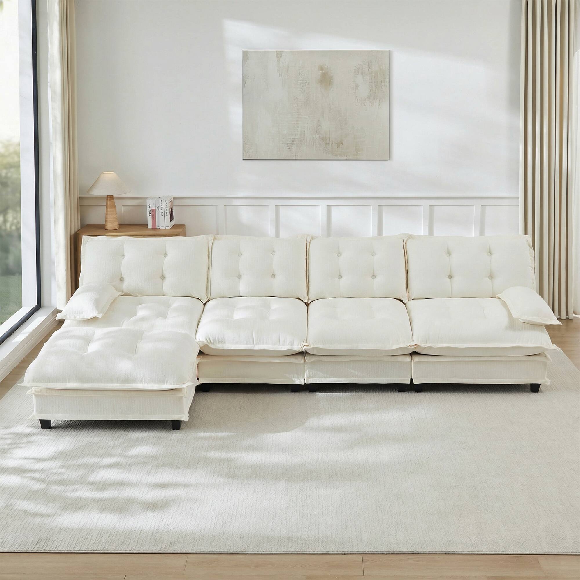 Angle. LOVMOR - 138 inch L Shaped Modular Deep Seat 4 Seat Chenille Sectional Couch Compressed Pack For Bedroom Apartment Cozy - Beige.