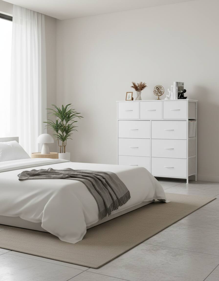 Alt View 5. AOITUN - Wide 9-Drawer Fabric Dresser 47", White Storage Chest with Narrow Depth, Horizontal Organizer for Bedroom - White.