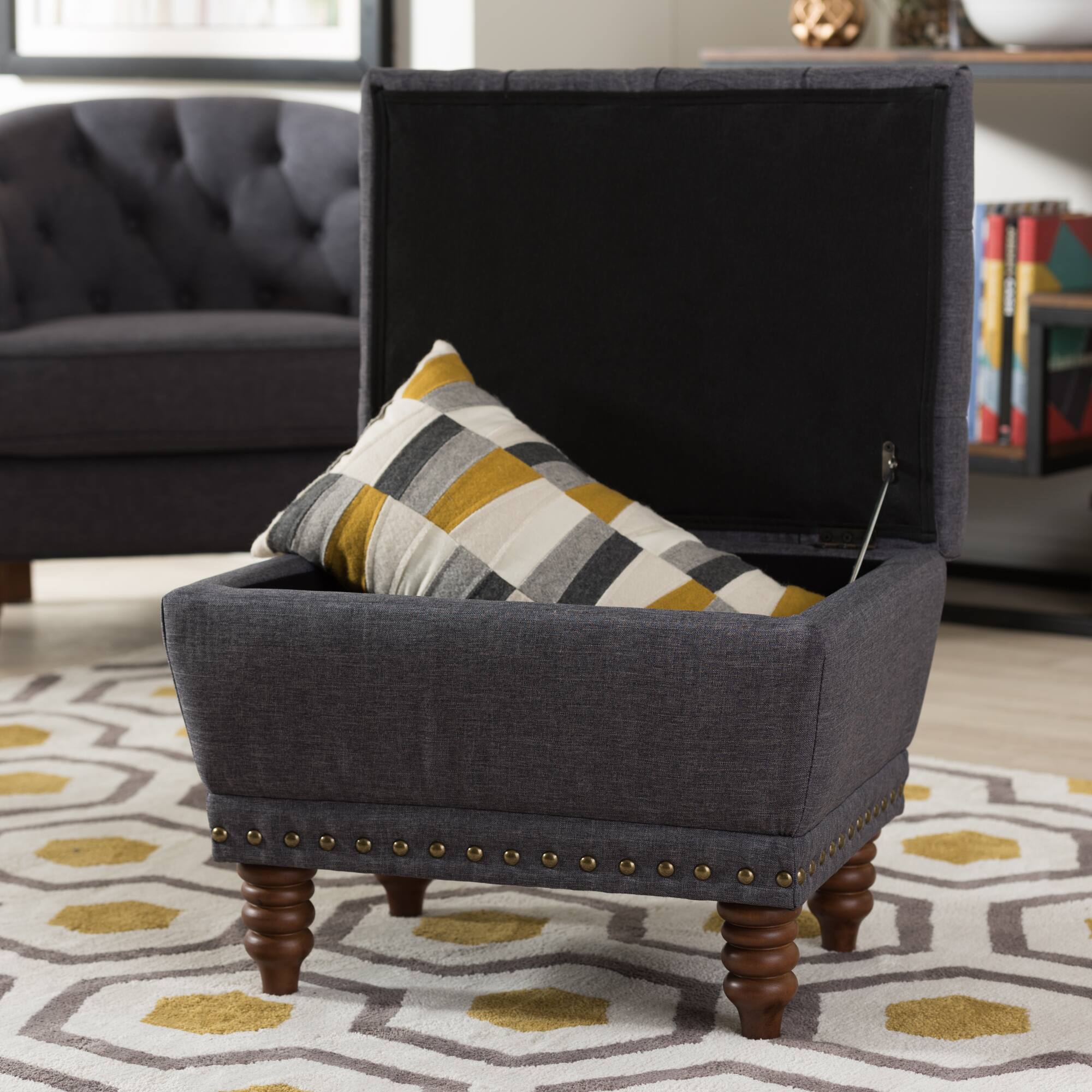 Alt View 4. Baxton Studio - Annabelle Modern and Contemporary Fabric Upholstered Walnut Wood Finished Button-Tufted Storage Ottoman - Dark Grey.