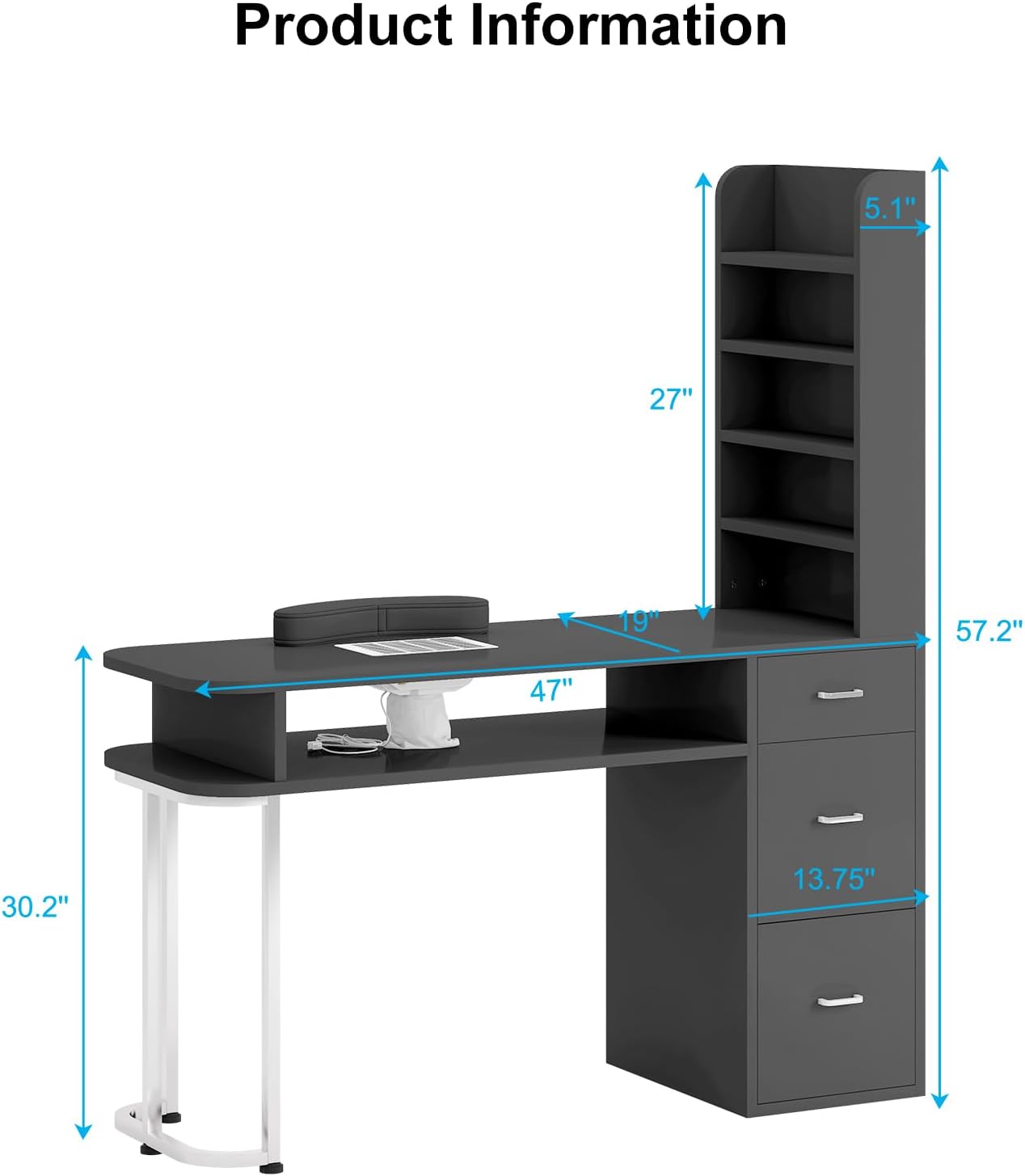 Product Information

- Width: 57.2"
- Depth: 30.2"
- Height: 47"
- Shelf Height: 19"
- Drawer Height: 13.75"
- Desk Height: 27"
- Shelf Depth: 5.1"
