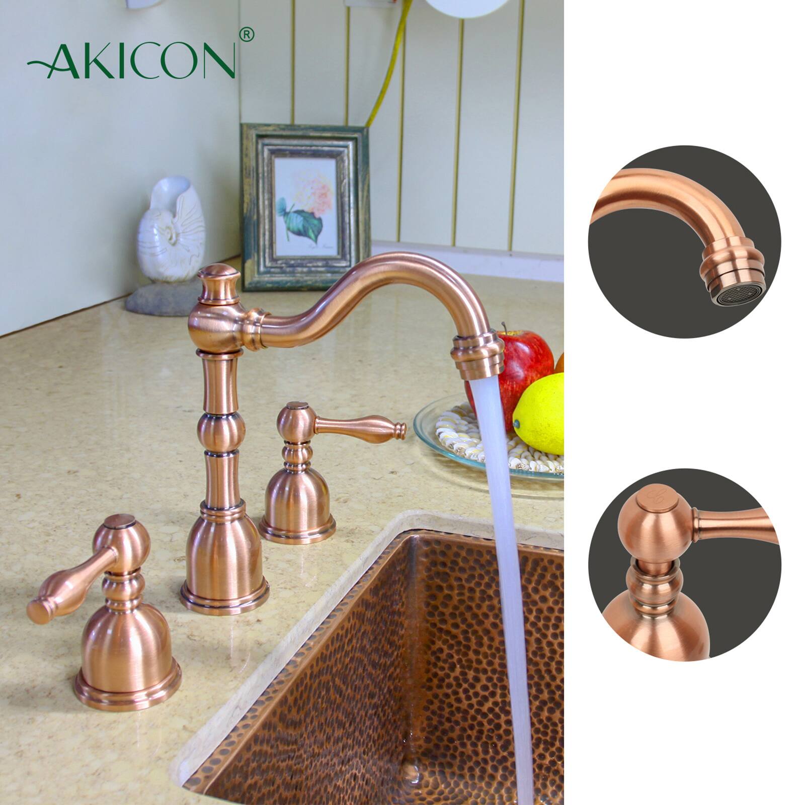 Alt View 2. Akicon - Akicon 8 inch Two-Handles Widespread Bathroom Sink Faucet in Copper - Copper.