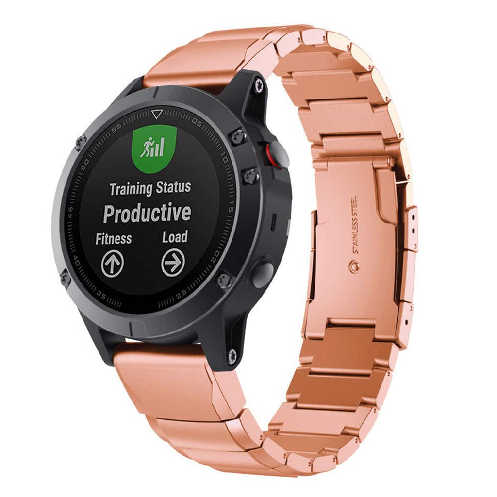 StrapsCo - Flat-Link Bracelet QuickFit 22 Stainless Steel Metal Watch Band Strap For Garmin Instinct E – 45mm - Rose Gold