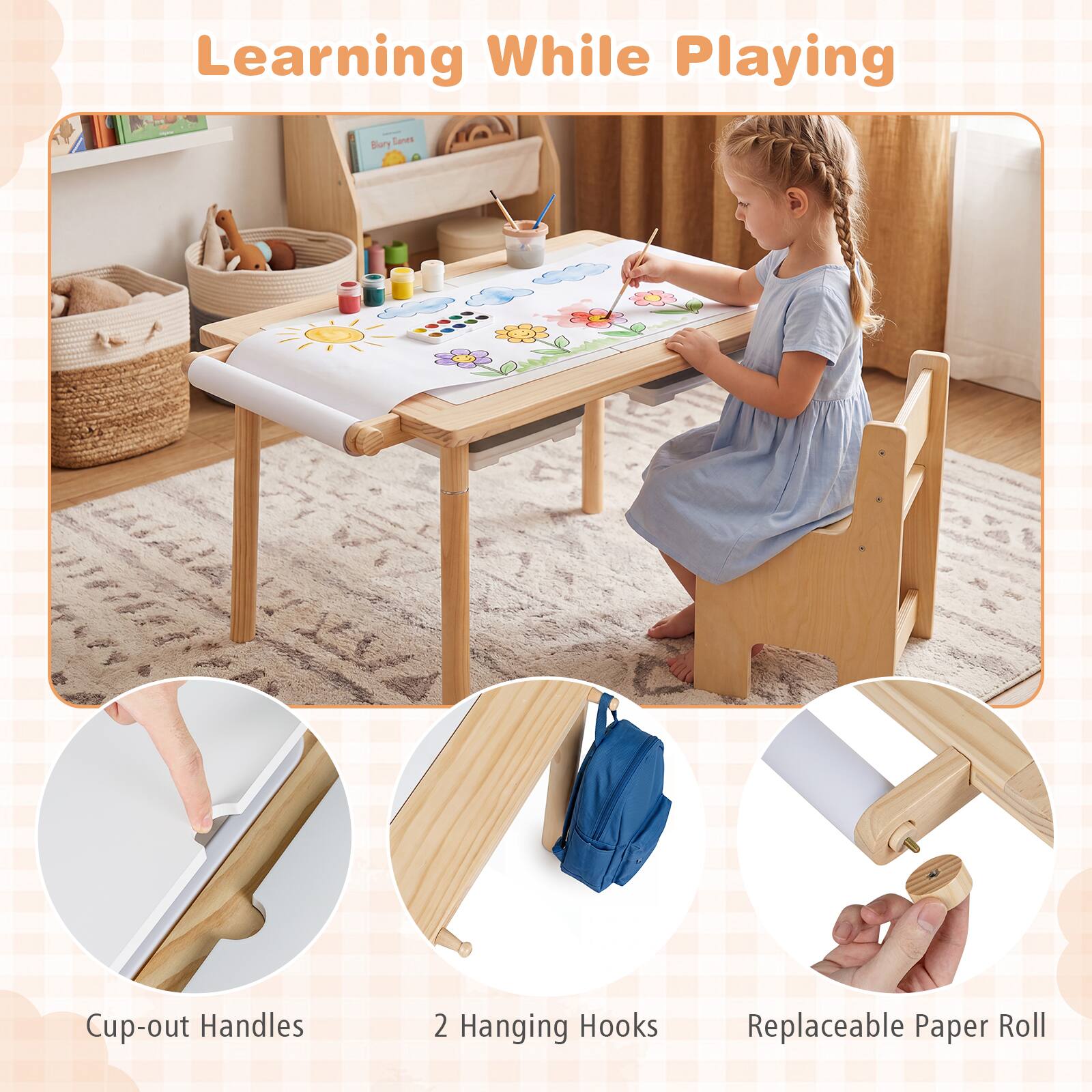 Learning While Playing

- Cup-out Handles
- 2 Hanging Hooks
- Replaceable Paper Roll