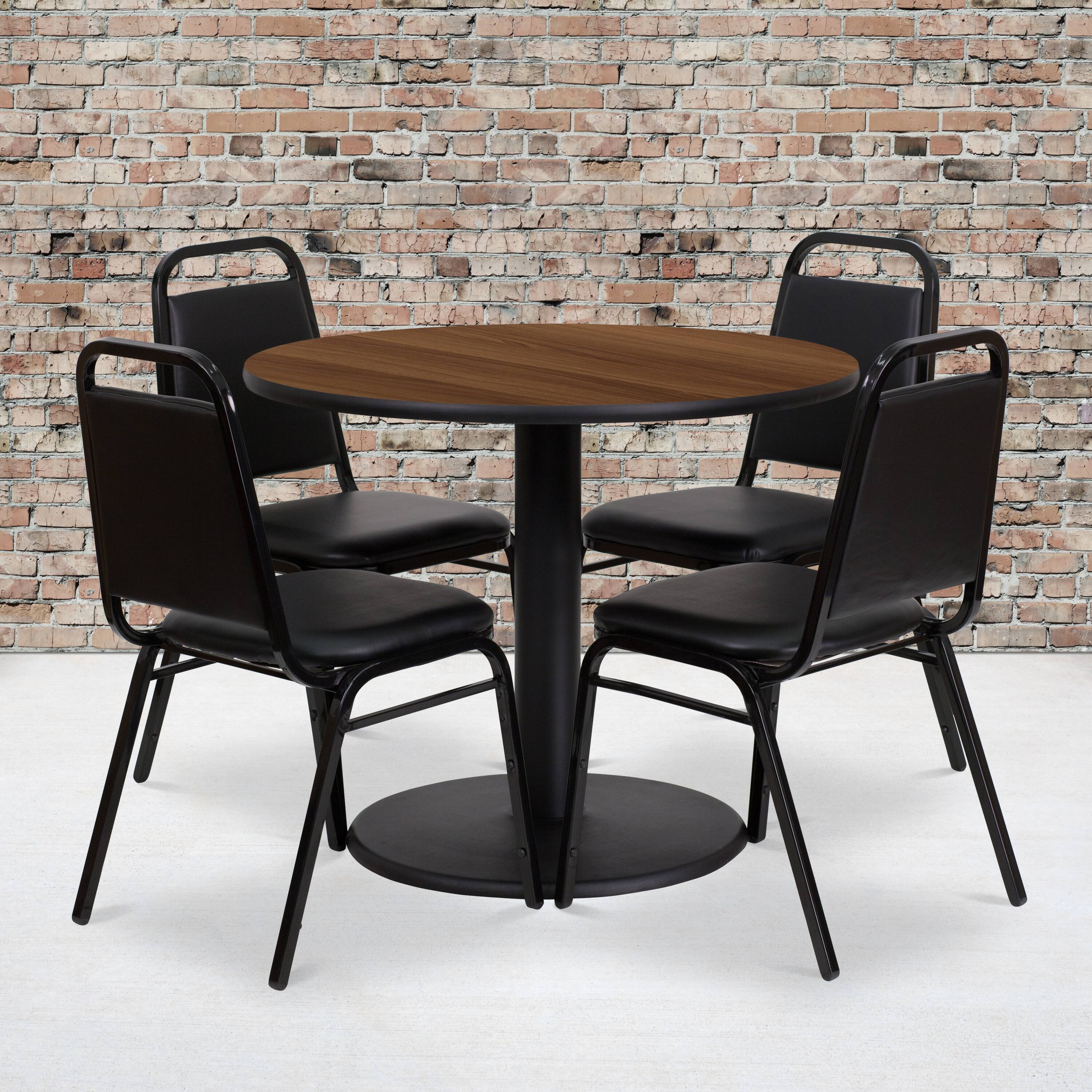 Alt View 1. Emma + Oliver - 36" Round Laminate Table Set with 4 Trapezoidal Banquet Chairs - Walnut Top/Black Vinyl Seat.
