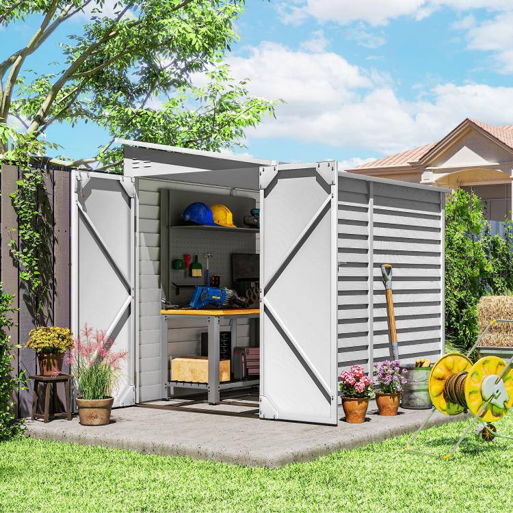 Alt View 1. PULUZ - 4.6 feet x 9 feet Outdoor Storage Shed, Lean to Metal Shed with Foundation Kit, Lockable Doors and Gloves for Patio, Law - White.