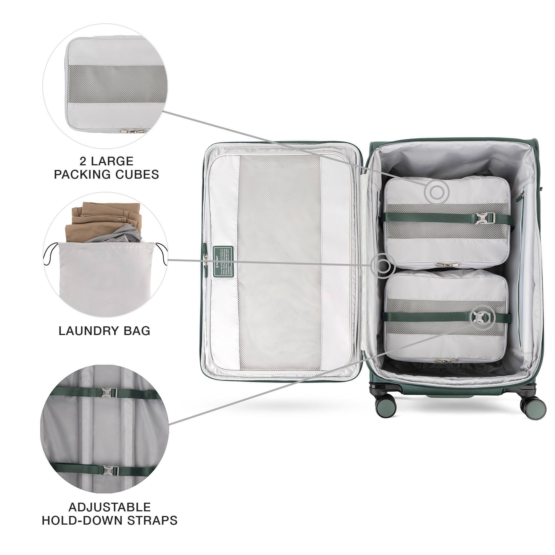 2 LARGE PACKING CUBES  
LAUNDRY BAG  
ADJUSTABLE HOLD-DOWN STRAPS
