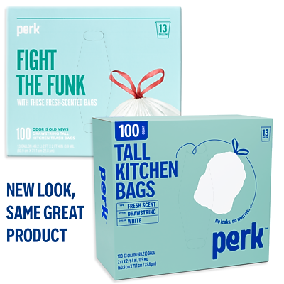**Perk**

**Fight the Funk with These Fresh-Scented Bags**

- 100 Count
- 100 Drawstring Tall Kitchen Bags
- 13 Gallon
- Odor is Old News
- No Leaks
- Fresh Scent
- White

**New Look, Same Great Product**

**Perk**

**Tall Kitchen Bags**

- 100 Count
- 13 Gallon
- Fresh Scent
- Drawstring
- No Odors, No Mess
- 100 Bags (13 Gallon Each)
- 21.3 Liters (71.5 Fluid Ounces)