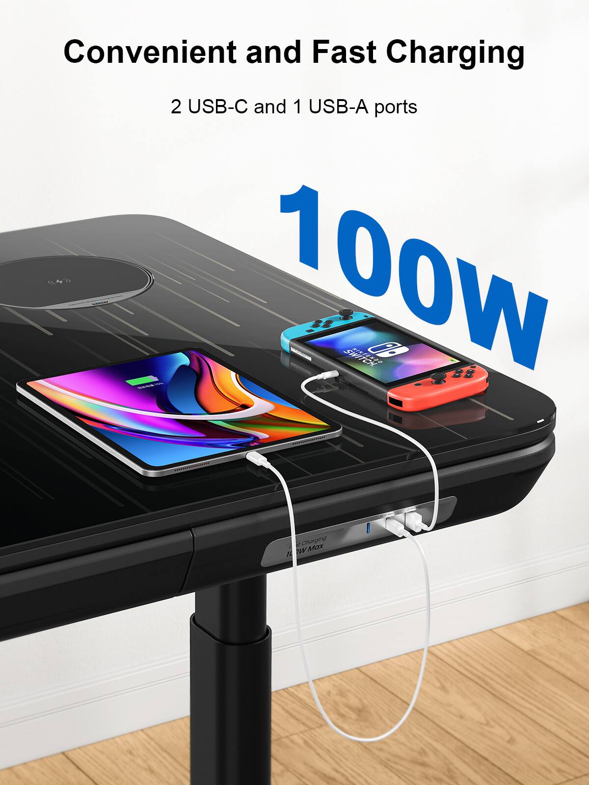 Convenient and Fast Charging  
2 USB-C and 1 USB-A ports  
100W