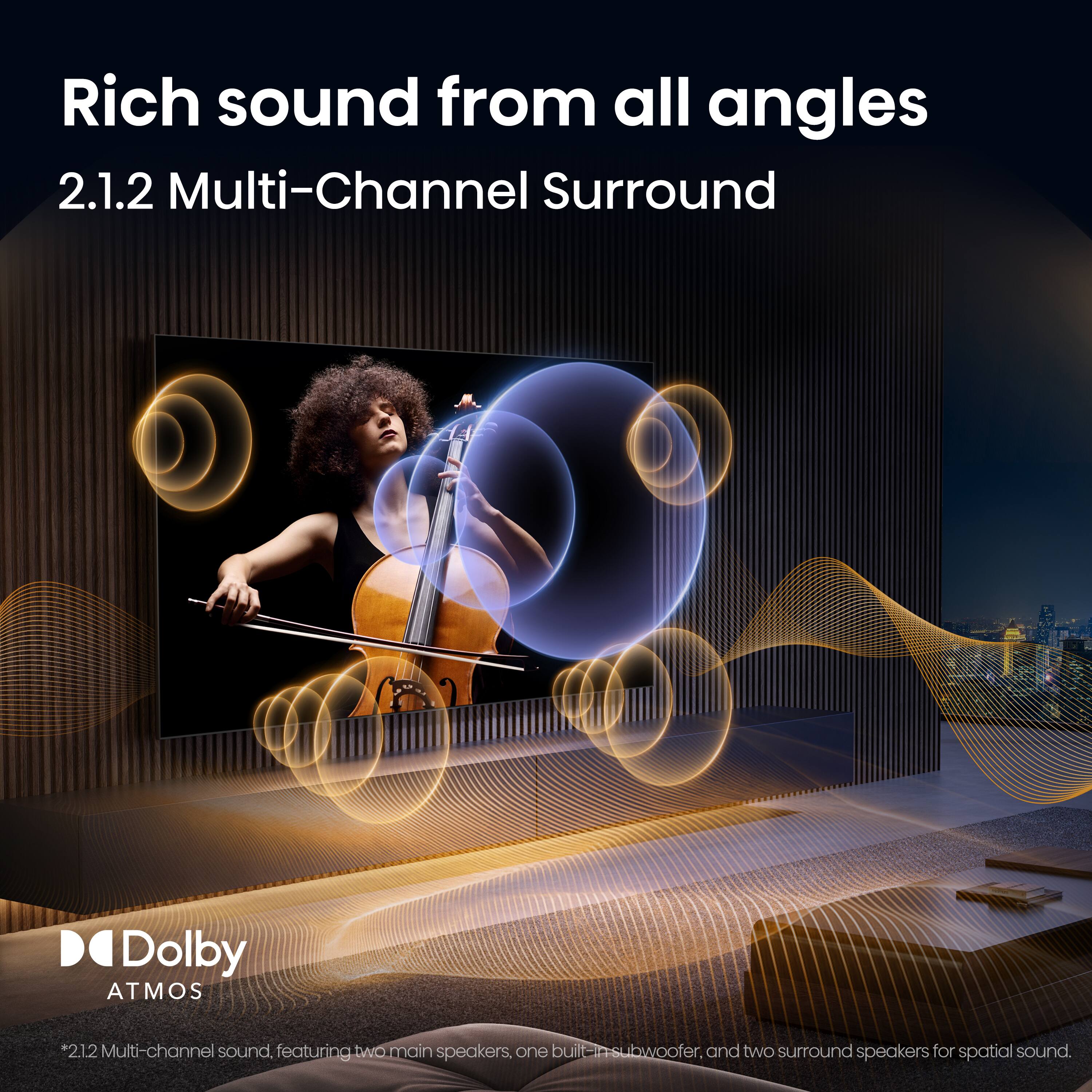 Rich sound from all angles  
2.1.2 Multi-Channel Surround  
Dolby ATMOS  
*2.1.2 Multi-channel sound, featuring two main speakers, one built-in subwoofer, and two surround speakers for spatial sound.
