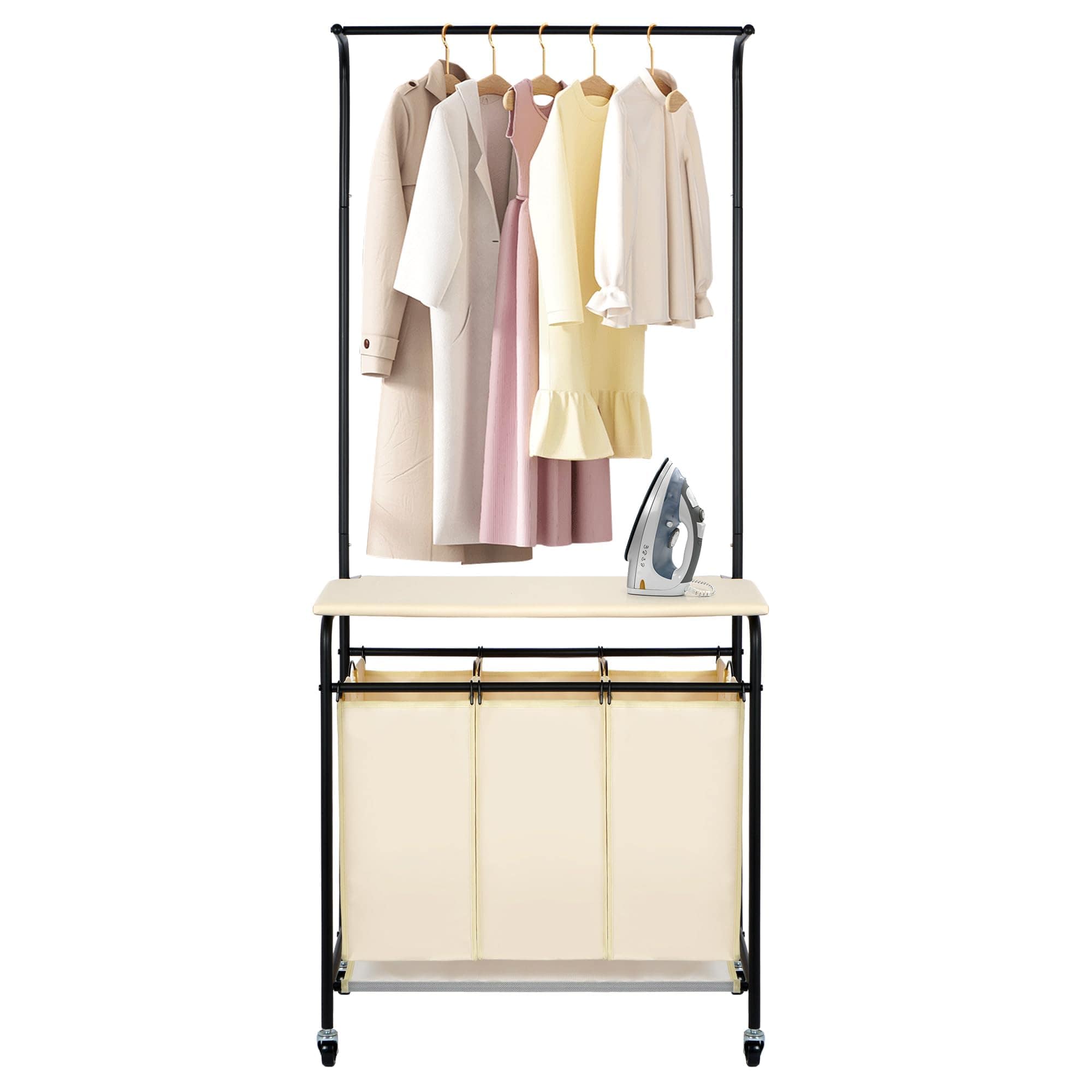 DORLUKFU - 3 Section Laundry Sorter with Garment Hanging Bar Rack Foldable Ironing Board, Laundry Basket Organizer Heavy Duty - Black