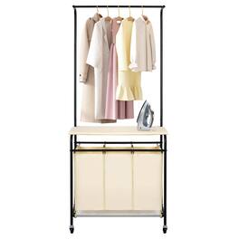 DORLUKFU - 3 Section Laundry Sorter with Garment Hanging Bar Rack Foldable Ironing Board, Laundry Basket Organizer Heavy Duty - Black