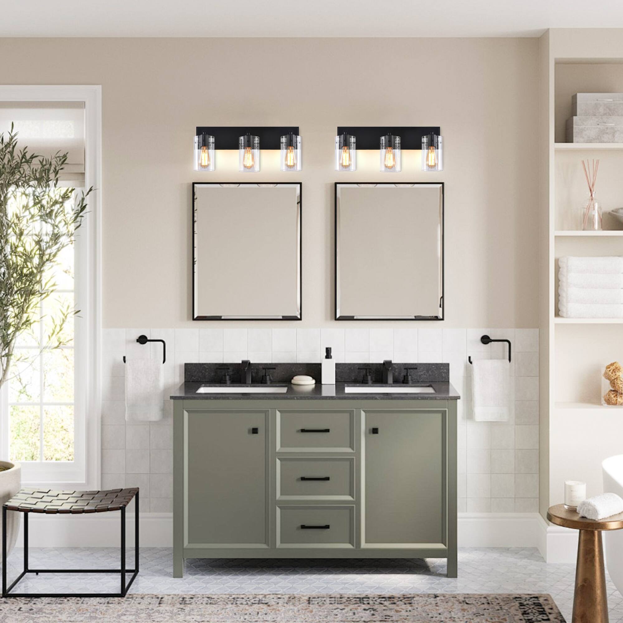 Left. Parrot Uncle - Modern Black 3-Light Glass Dimmable Bathroom Vanity Light Fixture - Matte Black.