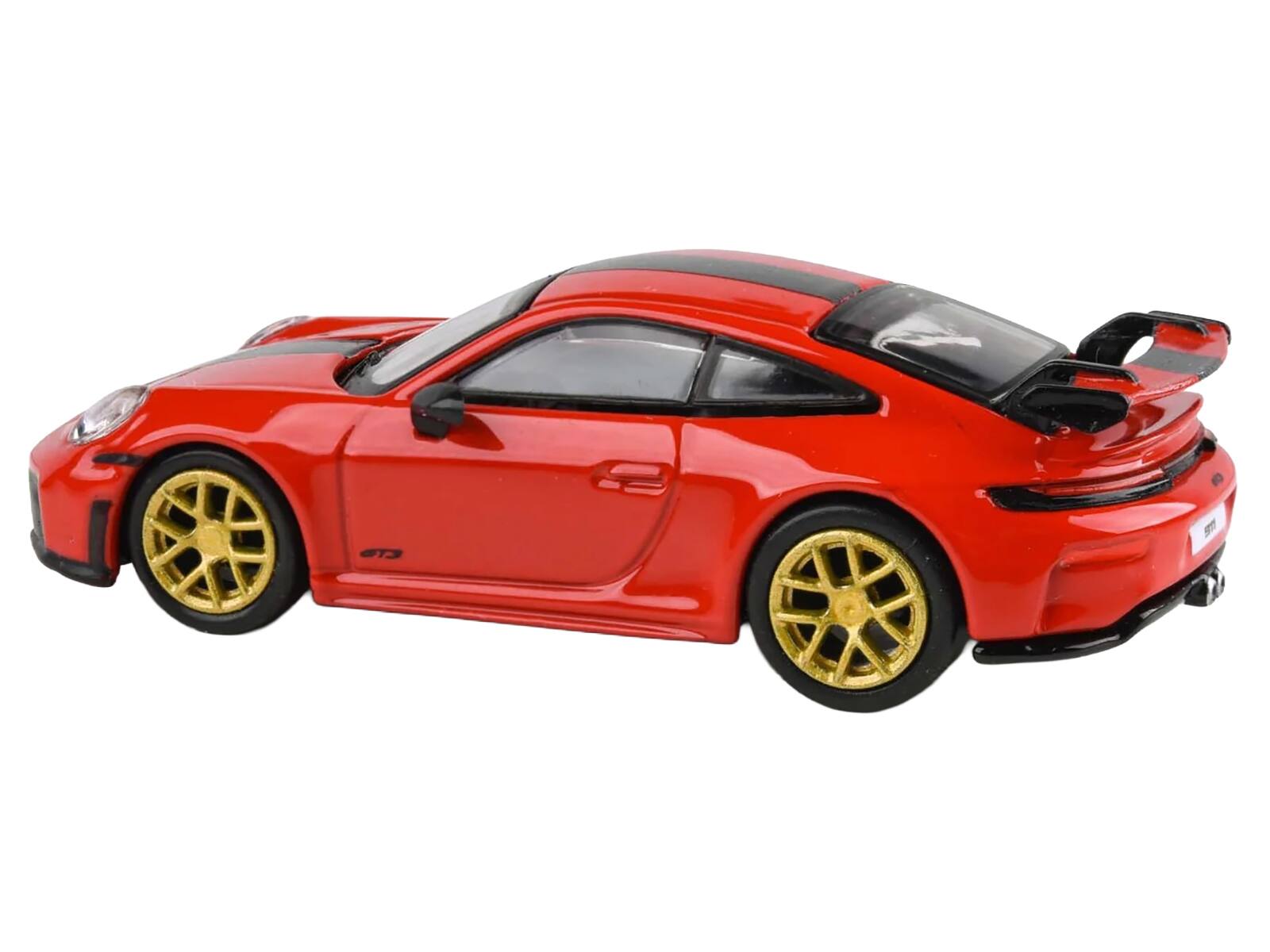 Angle. Paragon - 2025 Porsche 911 GT3 (992.2) Guards Red with Carbon Stripe and Gold Wheels 1/64 Diecast Model Car by Paragon Models - Red.