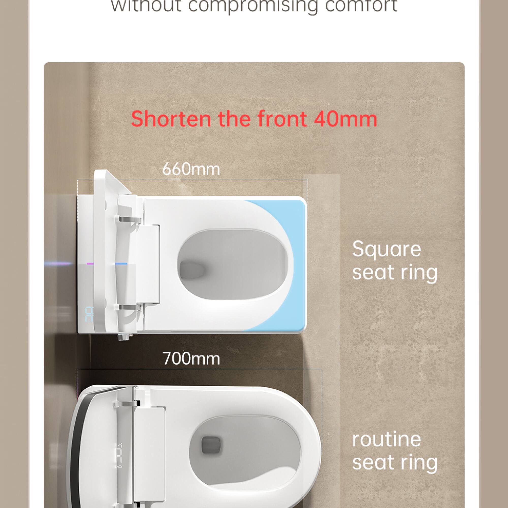 Without compromising comfort

Shorten the front 40mm

660mm

Square seat ring

700mm

Routine seat ring