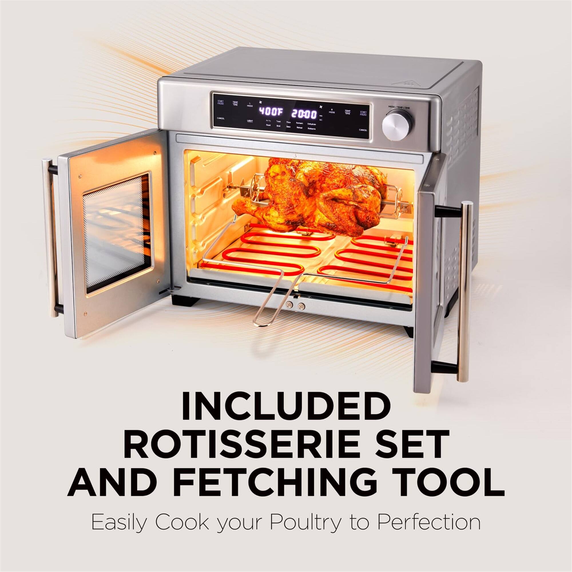 INCLUDED ROTISSERIE SET AND FETCHING TOOL  
Easily Cook your Poultry to Perfection
