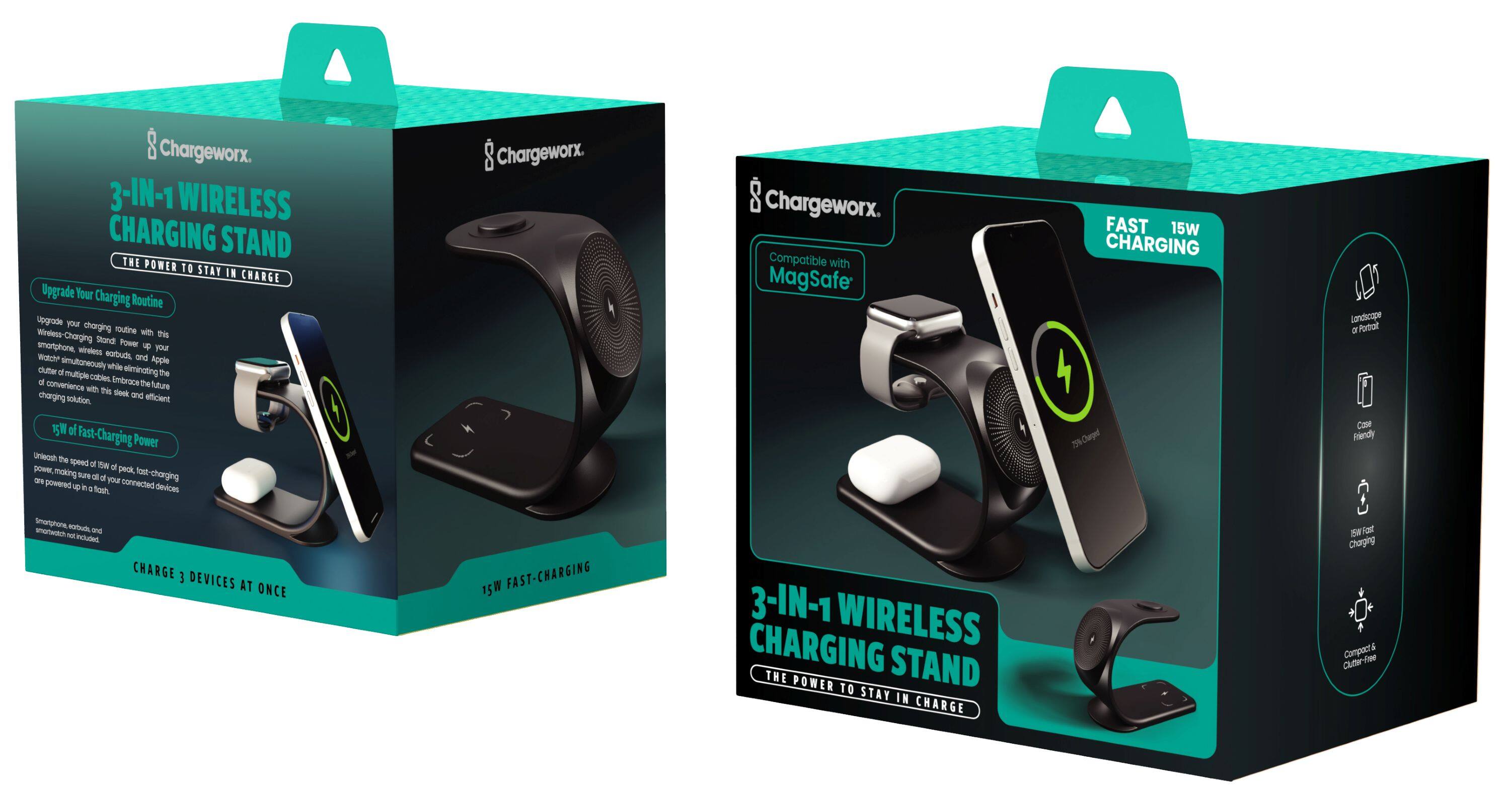 Chargeworx. 3-IN-1 WIRELESS CHARGING STAND THE POWER TO STAY IN CHARGE Upgrade Your Charging Routine Upgrade your charging routine with Wireless-Charging Stand Power your smartphone wirelessly and simultaneously charge your Apple Watch and AirPods with this efficient solution. Chargeworx. 8 Chargeworx. Compatible with Magsafe FAST 15W CHARGING O Longscope 2 Portrot  of Fast-Charging Power Unleash the speed and power of fast-charging technology, fostering a more efficient charging experience. Chargeworx. 3-IN-1 WIRELESS CHARGING STAND THE POWER TO STAY IN CHARGE B Fast Charging + Compacts Clutter-Free