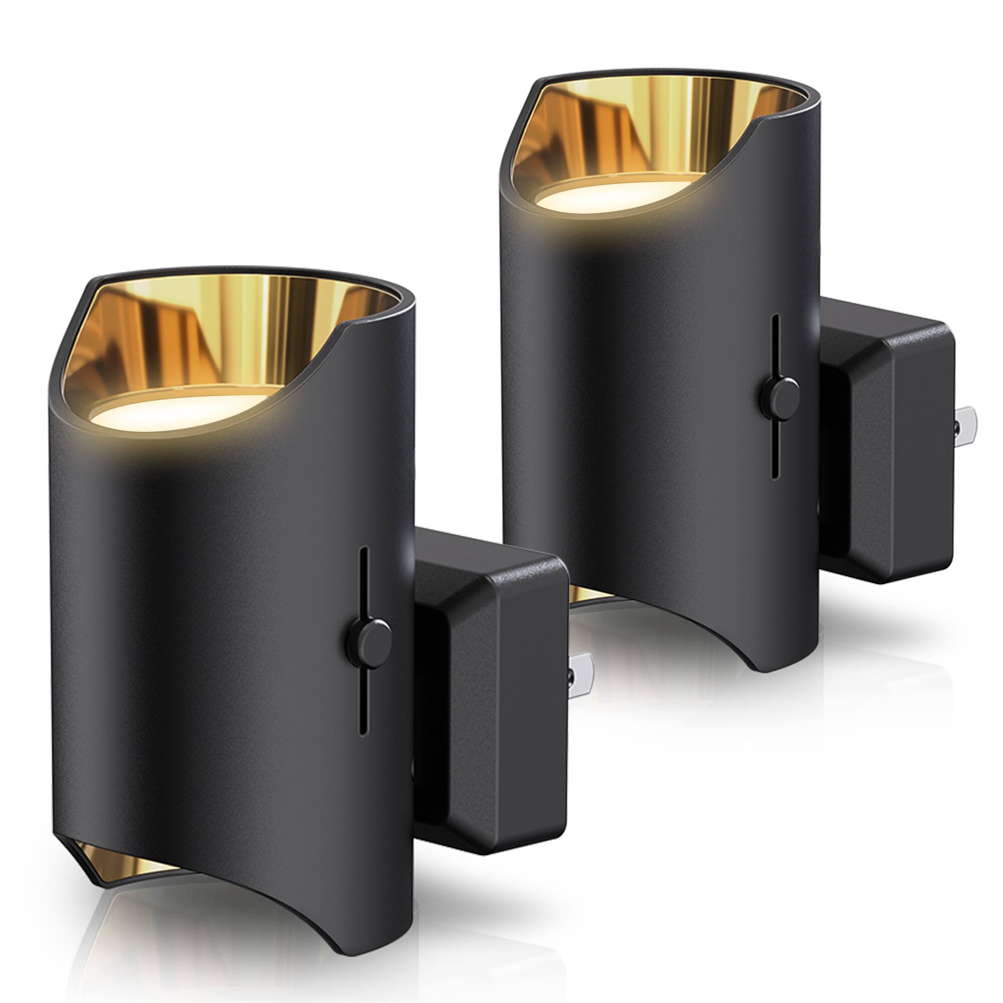 Front. Jandcase - JANDCASE 2-Pack 1W  Plug-in Night Light, 3000K Warm Glow, Round Cylinder with Cutout, Plated Accent, Up/Down Light, - Black and Gold.