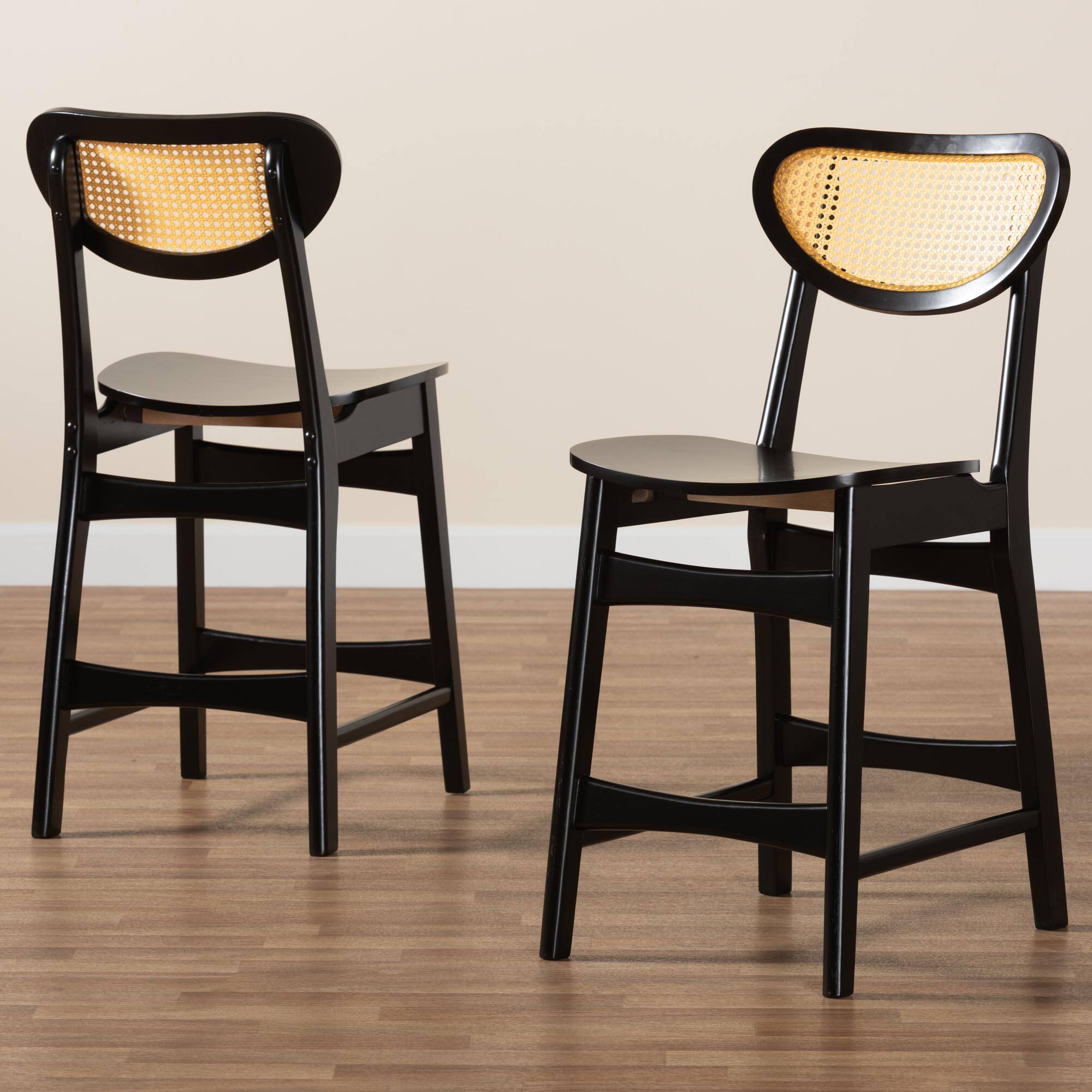 Alt View 4. Baxton Studio - Hesper Mid-Century Modern Finished Wood and Rattan 2-Piece Counter Stool Set - Dark Brown/Light Brown.