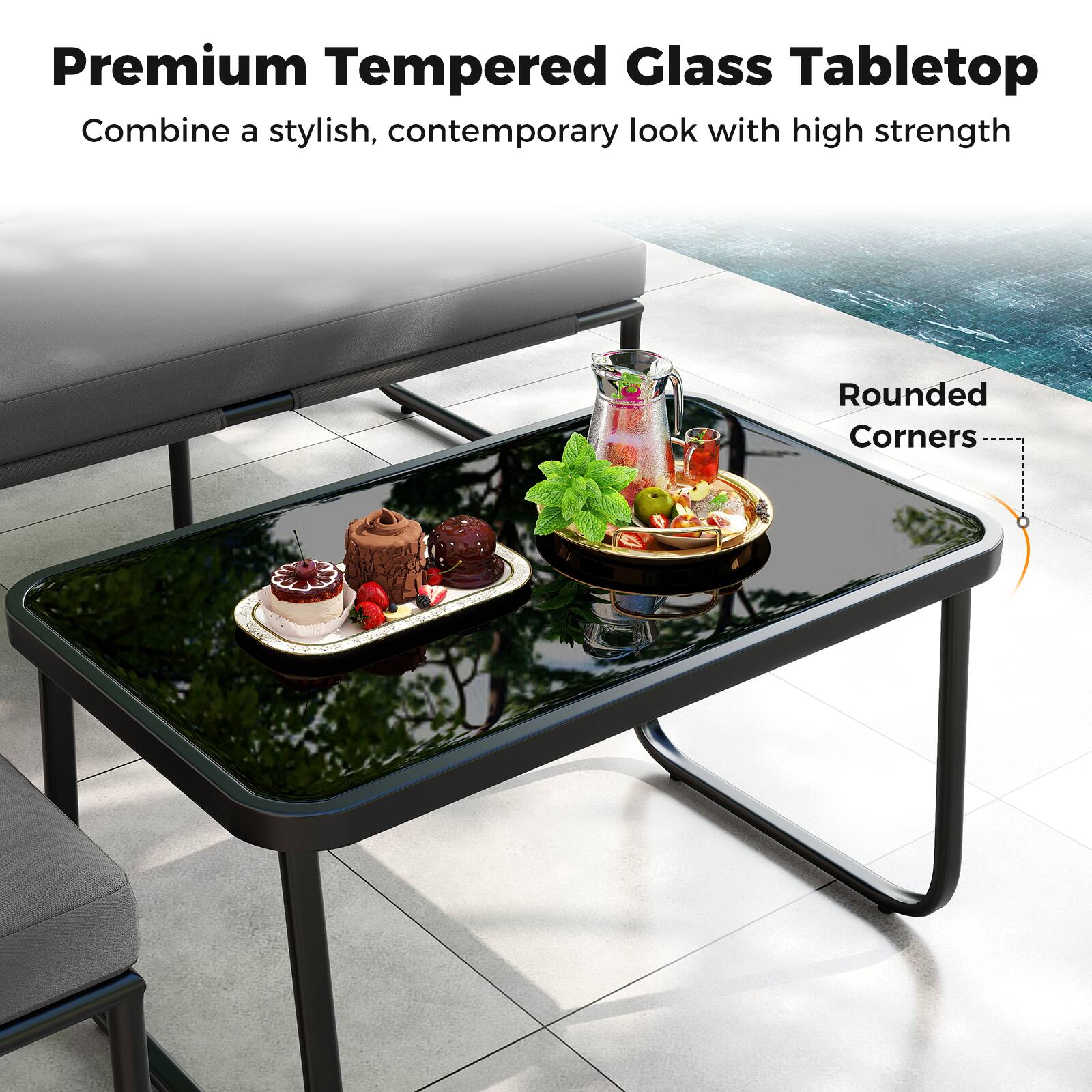 Premium Tempered Glass Tabletop  
Combine a stylish, contemporary look with high strength  

Rounded Corners