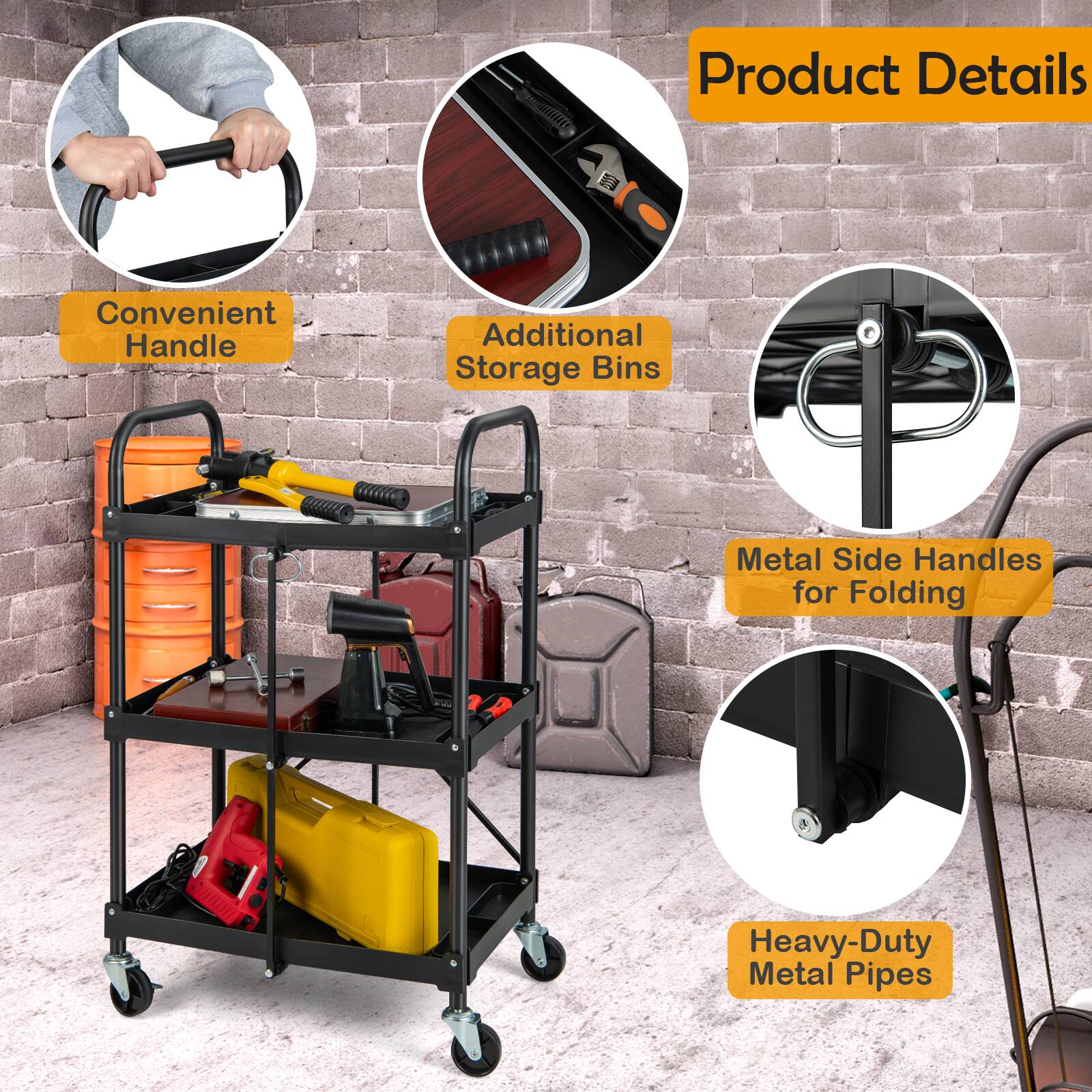 Product Details

- Convenient Handle
- Additional Storage Bins
- Metal Side Handles for Folding
- Heavy-Duty Metal Pipes