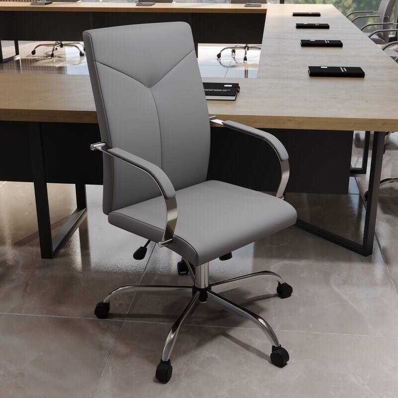 Angle. LeisureMod - Set of 6 Sonora High-Back Ergonomic Leather Upholstered Desk Office Chair with Chrome Finish Base for Home Office - Grey.