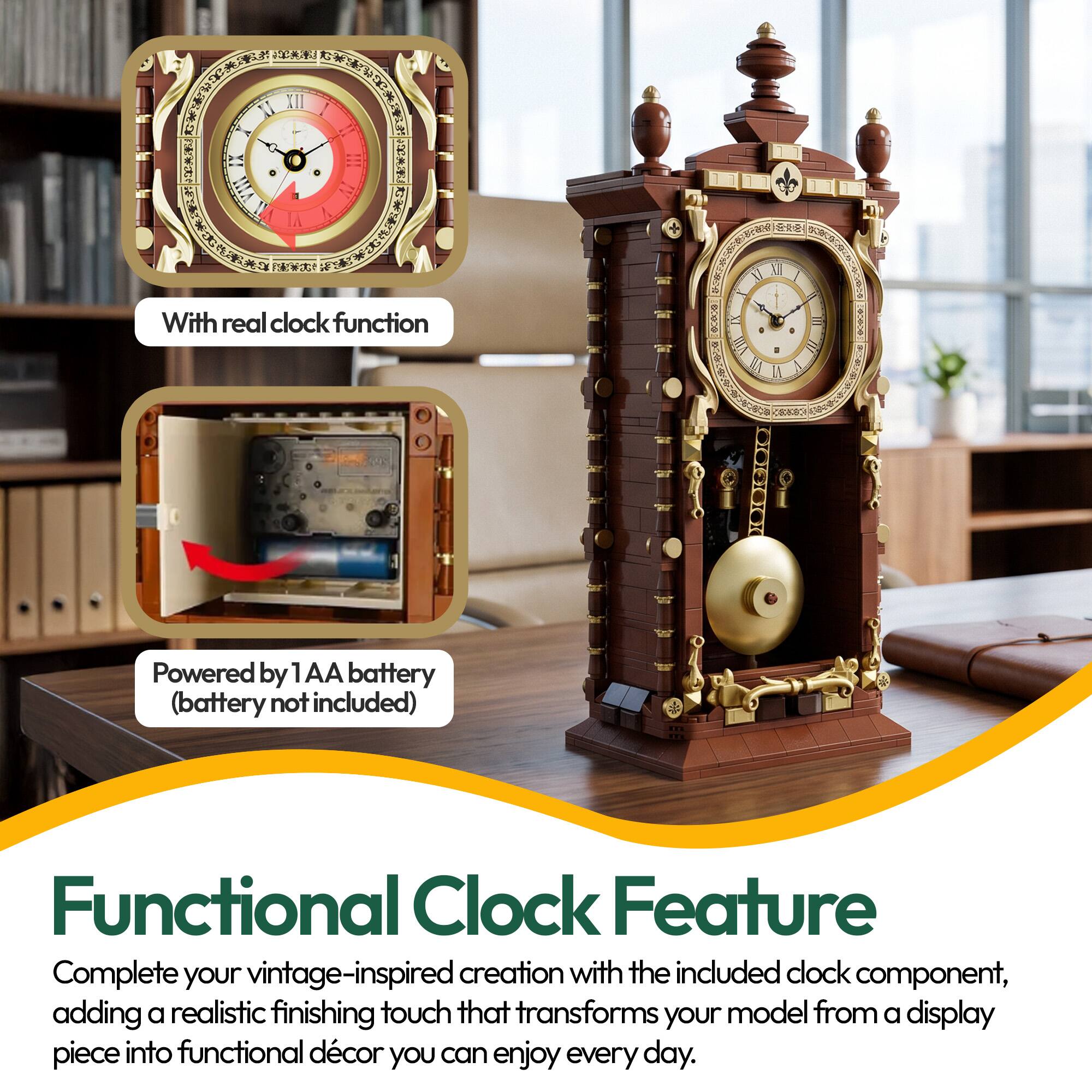 XI XII T - a A MA IA IA I E IV A  
Ca D AI  
With real clock function  
Powered by 1 1AA battery (battery not included)  
Functional Clock Feature  
Complete your vintage-inspired creation with the included clock component, adding a realistic finishing touch that transforms your model from a display piece into functional décor you can enjoy every day.