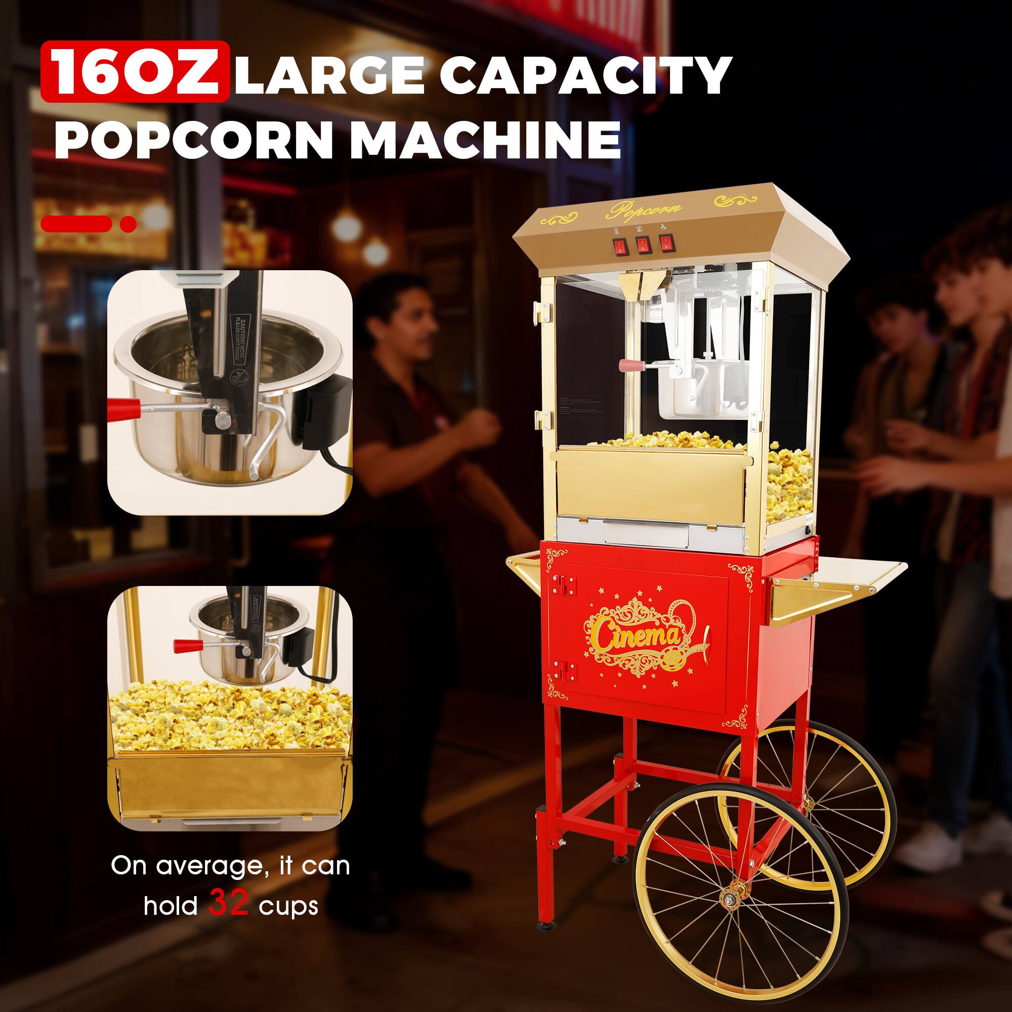 16OZ LARGE CAPACITY POPCORN MACHINE

On average, it can hold 32 cups