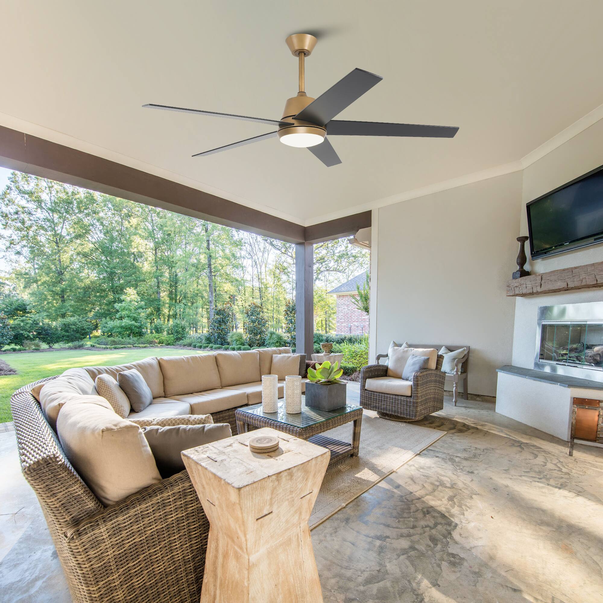 Left. Vaczon - 52" Transition Dimmable LED Smart Ceiling Fan with Light and App, Remote and Reversible Blades - Gold.