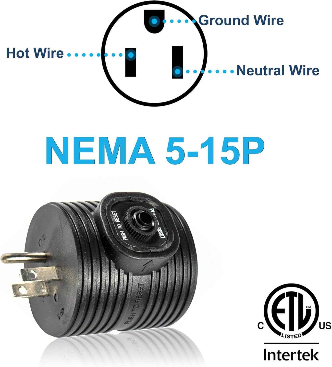 Ground Wire  
Hot Wire  
Neutral Wire  
NEMA 5-15P  
5 RESET TO PUSH P RESET  
GEBET TO FUEH  
ETL US LISTED  
Intertek