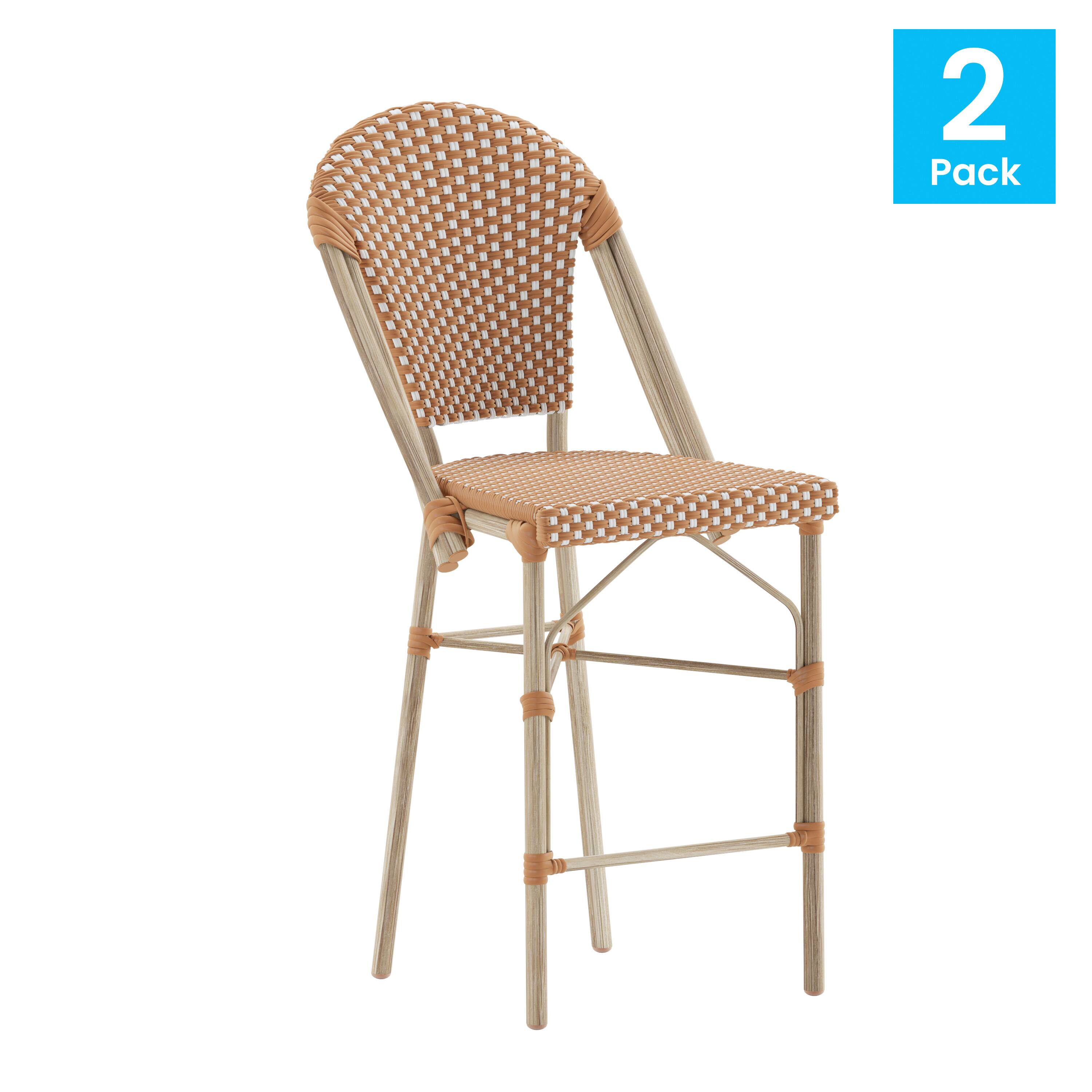 Alt View 1. Emma + Oliver - Colmar Set of Two Indoor/Outdoor 26" High Stacking Bistro Counter Stools with Patterned Seat and Back and Metal Frames - Natural & White/Light Natural Frame.