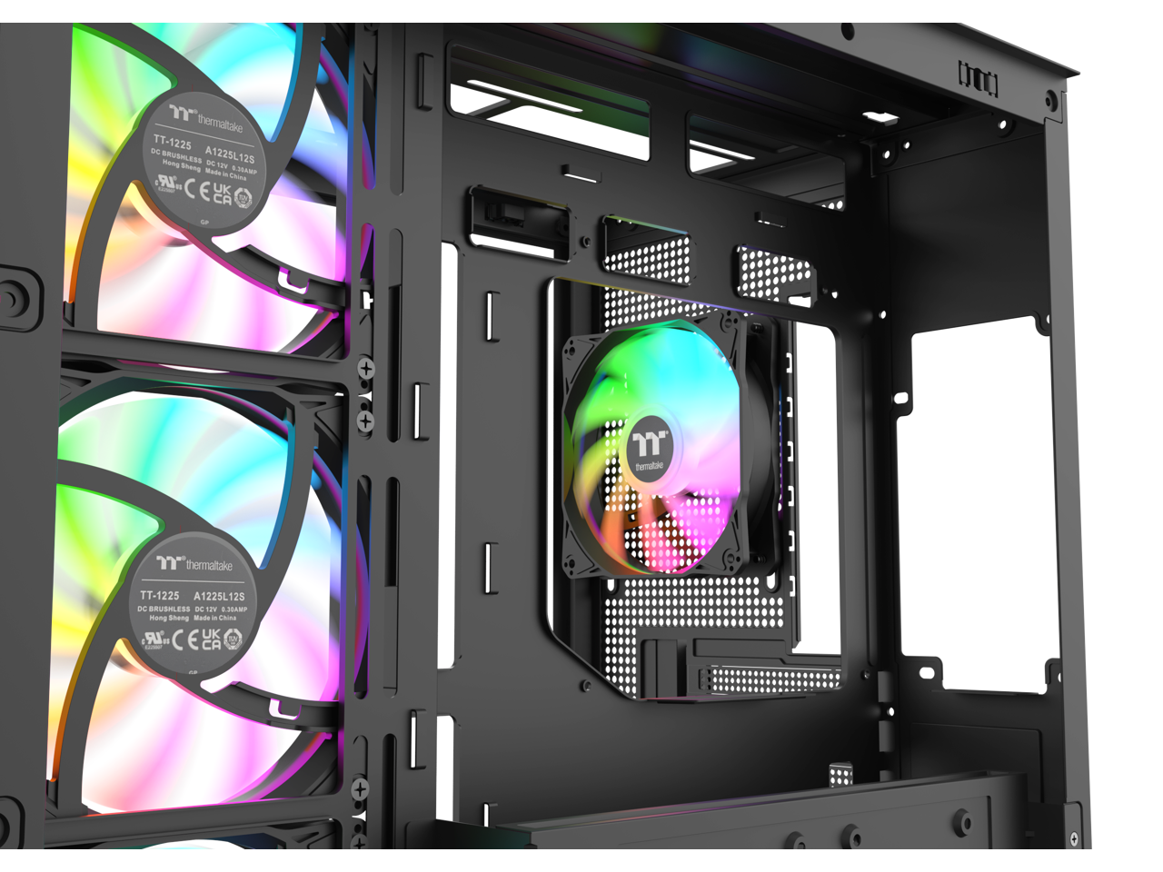 Thermaltake TT-1225 DC A1225L12S BRUSHLESS  
12V 0.85AMP  
Hong Sheng Made in China  
CE UK CA  

Thermaltake TT-1225 A1225L12S DC BRUSHLESS  
12V 0.85AMP  
Hong Sheng Made in China  
CE UK CA