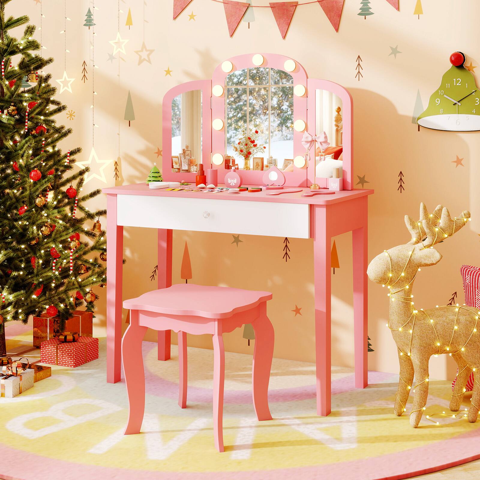 Alt View 1. Gymax - Gymax Kids Vanity Table Set 2-in-1 Princess Makeup Dressing Desk w/Mirror Stool Drawer Pink - Pink.