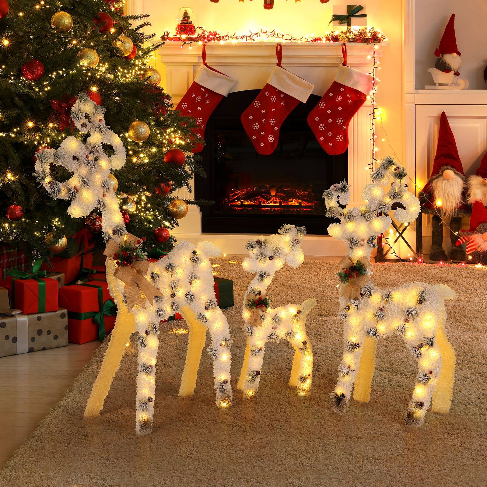 Alt View 5. Oumilen - Pre‑Lit Flocked Reindeer 3‑Piece Set – L/M/S Christmas Yard Sculptures with Bow & Pine Cone for Outdoor Lawn.