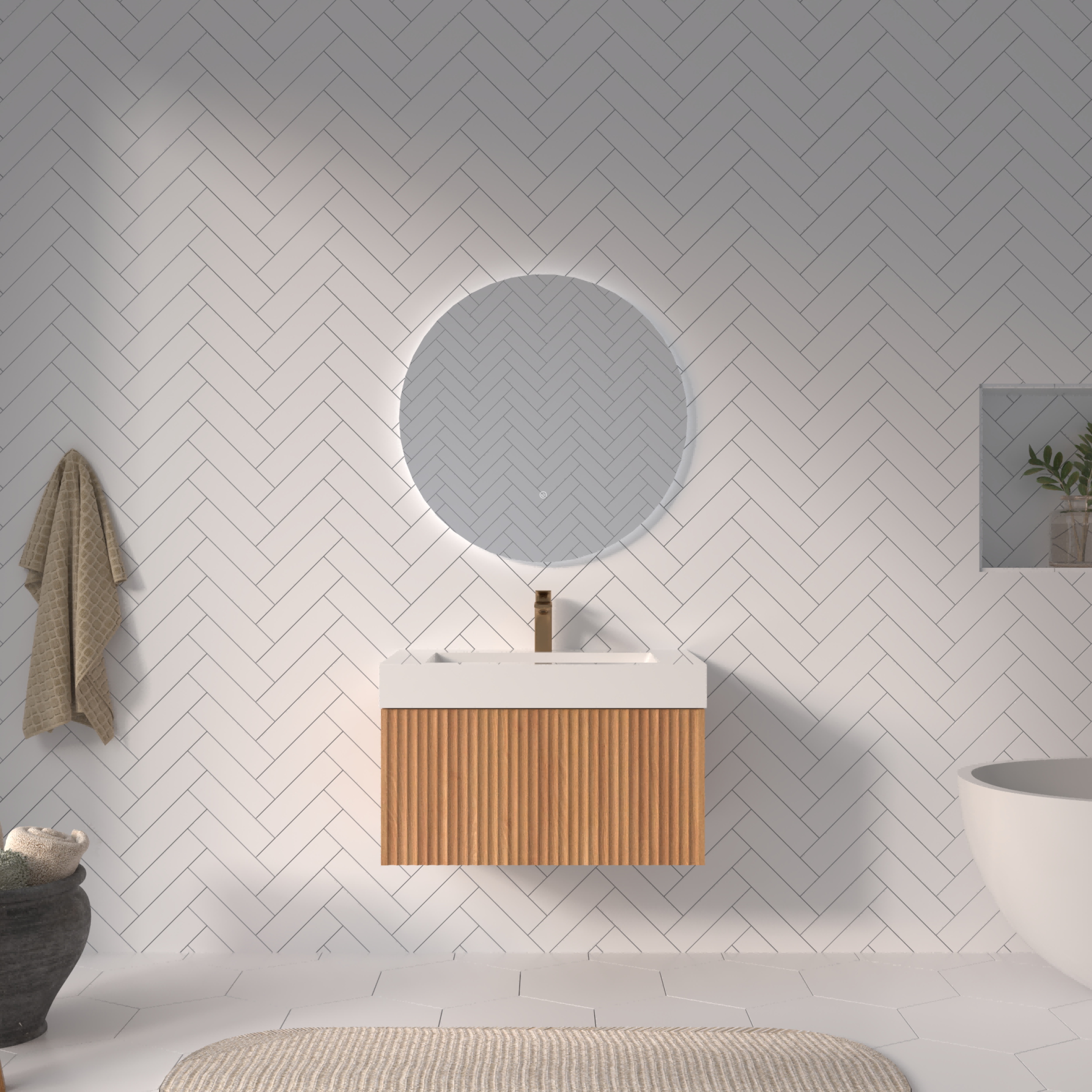 Front. ELEMENT ACE - 30-Inch Wall Mounted Floating Bathroom Vanity with Integrated Basin, Modern Design for Compact Spaces - Acacia Wood.