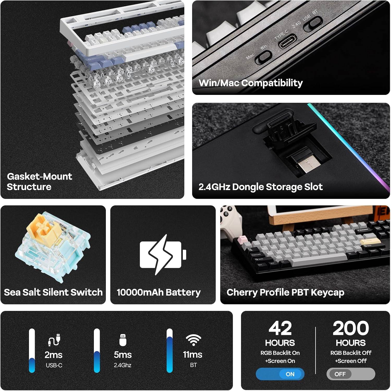 BT USA 24G TYPE/C Wi Mac Win/Mac Compatibility  
Gasket-Mount Structure  
2.4GHz Dongle Storage Slot  
E Sea Salt Silent Switch  
10000mAh Battery  
Cherry Profile PBT Keycap  
USB-C  
2ms  
5ms  
11ms  
BT  
42 HOURS RGB Backlit On +Screen On  
200 HOURS RGB Backlit Off +Screen Off