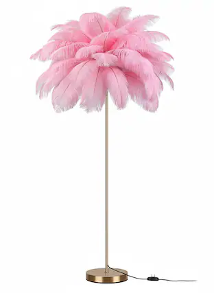 Front. FINEAK - Rose Gold Feather Floor Lamp - Modern Funky Arc Tall Standing Lamp with Fluffy Ostrich Feathers (Pink) - Pink.