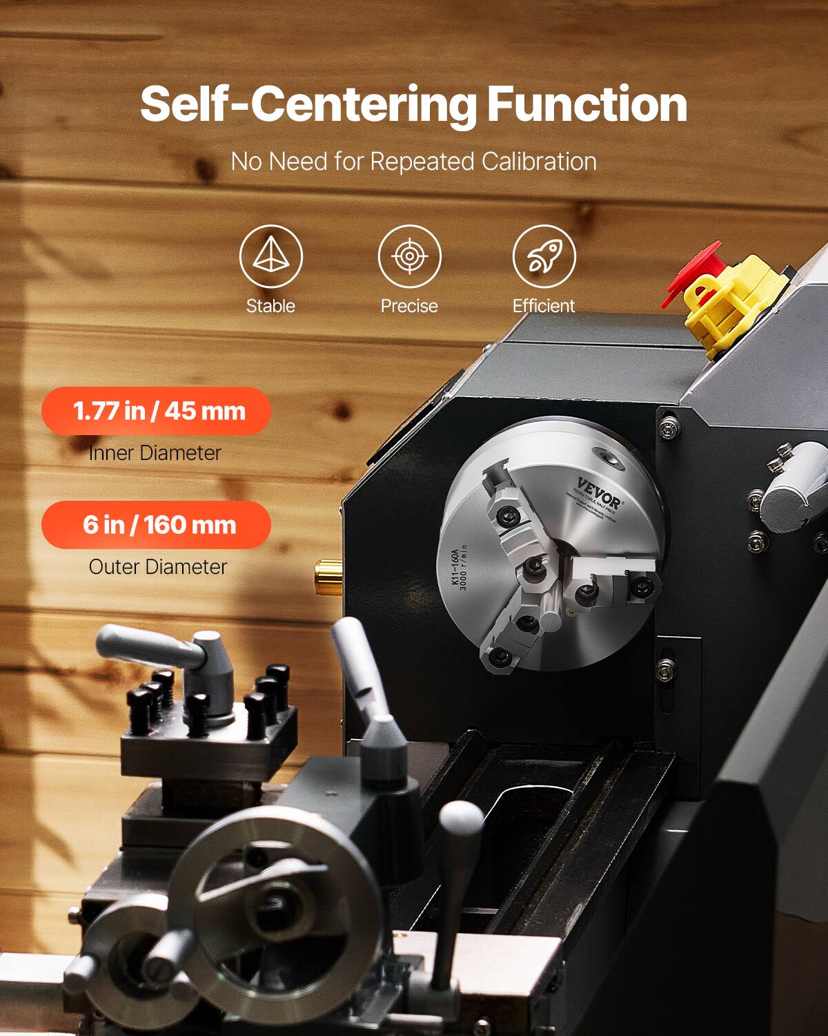 Self-Centering Function  
No Need for Repeated Calibration  
Stable Precise Efficient  

1.77 in / 45 mm Inner Diameter  
6 in / 160 mm Outer Diameter  

VOO r/mls . K11-160A K1 3010 VEVOR