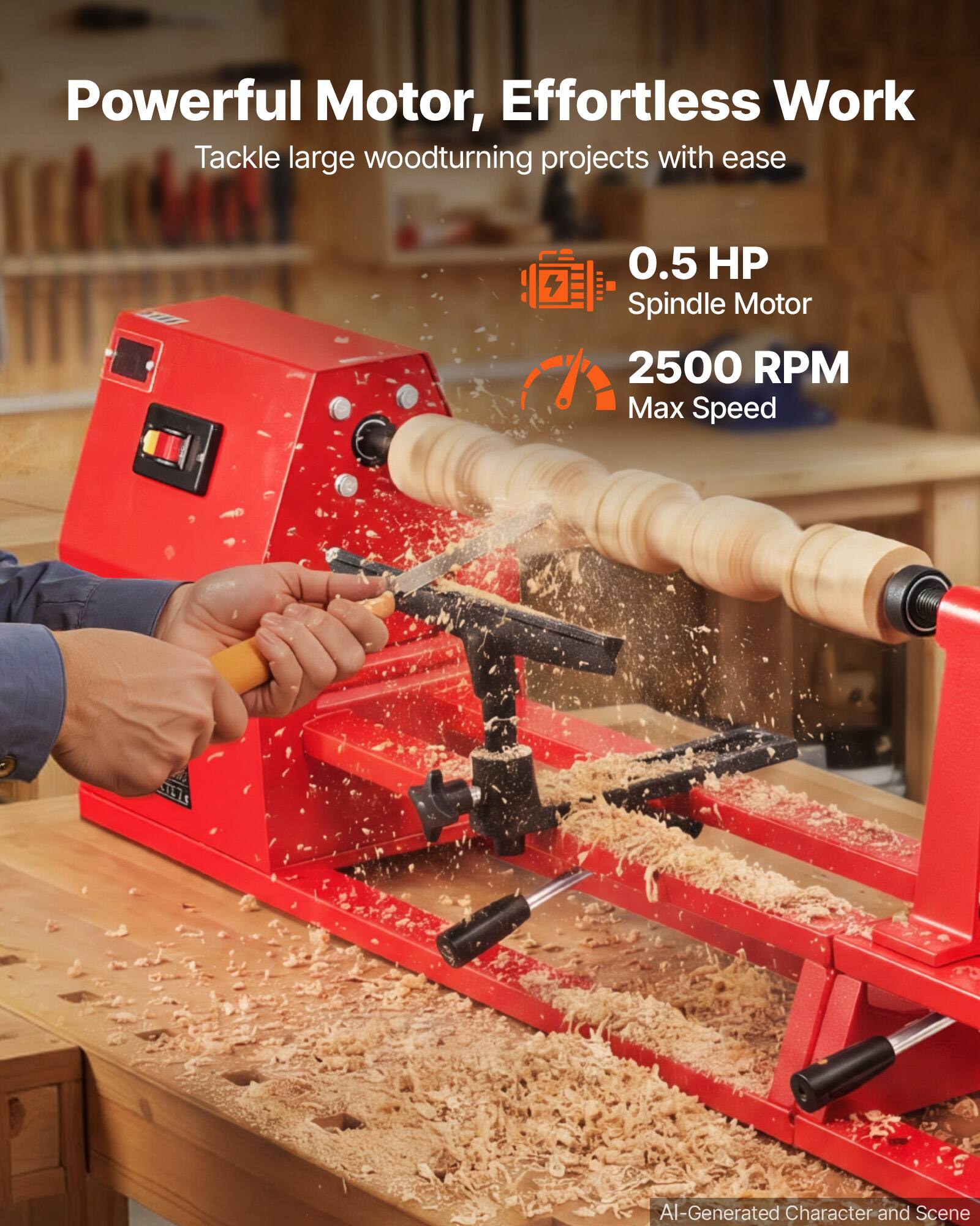 Powerful Motor, Effortless Work  
Tackle large woodturning projects with ease  

0.5 HP Spindle Motor  
2500 RPM Max Speed  

AI-Generated Character and Scene