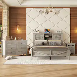 Anysun - 3-Piece Farmhouse Bedroom Set, Queen Size Platform Bed with Sliding Door Storage Headboard, Storage Nightstand & Dresser - Antique Grey