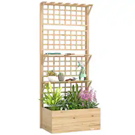 Outsunny - Wooden Raised Garden Bed with Trellis and Roof, Elevated Outdoor Planter Box with 2 Shelves, Drainage Hole and Liner