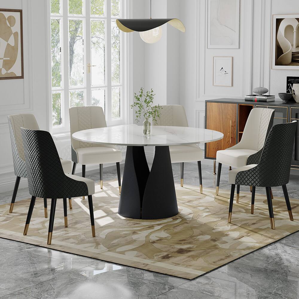 Alt View 4. POVISON - 59" Modern Round White Dining Table for 6, Glossy Sintered Stone Tabletop, Solid Black Carbon Steel Pedestal Base - Glossy White Sintered Stone & Black Steel Base.