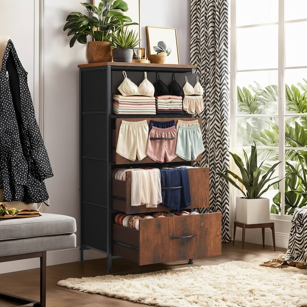 Alt View 5. AOITUN - 4 Drawer Fabric Dresser for Bedroom, Tall Chest of Drawer Organizer Storage Cabinet for Closet, Entryway, Rust Brown - Rustic.