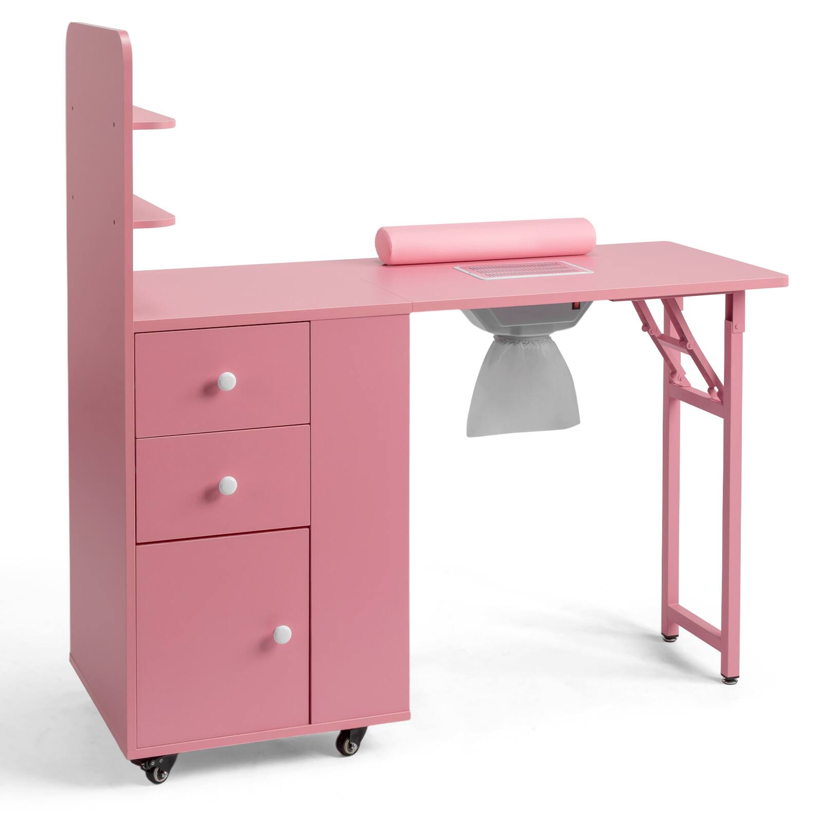 Angle. Winado - Foldable Manicure Table for Nail Tech, Nail Desk Station Makeup Storage Table with Dust Collector & Drawers & Cabinet - Pink.